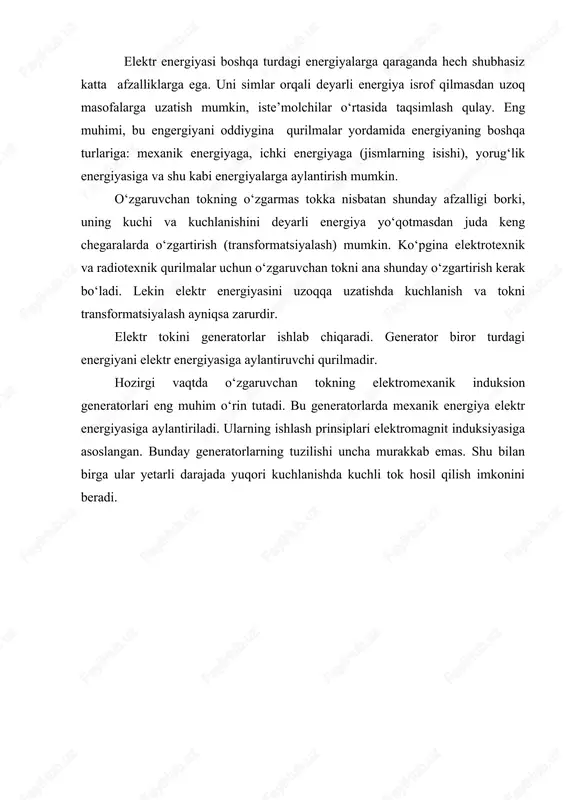 roq ma’noda aytganda, yo‘nalishi va miqdori jihatidan o‘zgaradigan har qanday tok o‘zgaruvchan tok deb ataladi. ammo elektrotexnikada, ko‘pincha, davriy o‘zaruvchi toklar o‘zgaruvchan tok deb ataladi. o‘zgaruvchan tok, ya’ni davriy deb ataladi, chunki vaqt o‘tishi bilan tokning o‘zgarishi takrorlanadi. tokning o‘tish vaqti o‘zgaruvchan tokni davri deyiladi. ular ichida eng oddiysi va qulayi sinusoidal toklardir. o‘zgaruvchan tok, ya’ni sinusoidal deb ataladi, chunki tokning o‘zgarishi vaqtga nisbatan sinus qonuniga muvofiq ro‘y beradi. (1-rasm). i, e e em i im t 1- rasm ii o‘zgaruvchan tokning bitta to‘la o‘zgarishi sikl deb aytiladi. bitta siklning davom etish vaqti davr deyiladi. bir sekund ichida bo‘lgan sikllar soniga o‘zgaruvchan tok chastotasi deyiladi. barcha elektrostansiyalarda hosil bo‘lgan o‘zgaruvchan tokning chastotasi f=50 gs ga teng. masalan, agar f=50 gs teng bo‘lsa, u paytda bir sekund ichida eyukni yoki tokning o‘zgarishini 50-ta to‘la sikllari ro‘y beradi. o‘zgaruvchan tok yana siklik yoki davriy chastotasi ω bilan harakterlanadi. ω,f va t orasida …