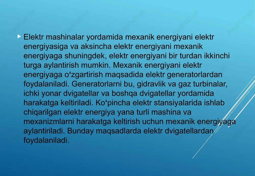 tps://hozir.org/dagal-suspenziyalar-d100-mkm.html https://hozir.org/dagal-suspenziyalar-d100-mkm.html oddiy o‘zgarmas tok mashinasining sxematik ko‘rinishi 31-rasmda ko‘rsatilgan. o‘zgarmas tok mashinalari asosan ikki qismdan iborat: qo‘zg‘almas qismi stator va aylanadigan qismi yakordan iborat. stator o‘z navbatida yarmodan, asosiy qutb o‘zagidan, qo‘zg‘atish cho‘lg‘amidan, qo‘shimcha qutblardan, qo‘shimcha qutb cho‘lg‘amlardan va boshqa konstruktiv elementlardan iborat. o‘zgarmas tok mashinalarining asosiy qutblarini magnit o‘zagi asosan qalinligi 0,5 1 mm bo’lgan elektrotexnik po‘latdan yig‘iladi ba’zi hollarda konstruktiv po‘latlardan ram tayyorlanishi mumkin. elektr mashinalarning magnit o‘zaklari issiq holda juvalangan e41, e42, e43 markali yoki sovuq holda juvalangan e310, e320, e330 markali elektrotexnik magnit yumshoq po‘latlardan tayyorlanadi. keyingi paytlarda elektr mashinasozlik zavodlarida elektr mashinalarning magnit o‘zaklarini tayyorlashda sovuq holda juvalangan e310, e320, e330 markali po‘latlar keng qo‘llanilmoqda.  o‘zgarmas tok mashinasining tuzilishi oddiy o‘zgarmas tok mashinasi 1) asosiy qutb o‘zaklari; 2) yakor; 3) kollektor plastinalari; 4) cho‘tkalar o‘zgarmas tok mashinasining qo‘zg‘atish cho‘lg‘ami yordamida asosiy magnit oqim hosil qilinadi.  o‘zgarmas tok mashinasining yakori qyidagi elementlardan: valdan, …