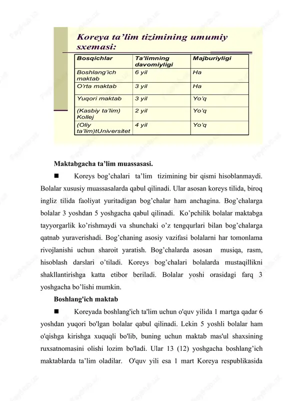 1 martga qadar 6 yoshdan yuqori bo'lgan bolalar qabul qilinadi. lekin 5 yoshli bolalar ham o'qishga kirishga xuquqli bo'lib, buning uchun maktab mas'ul shaxsining ruxsatnomasini olishi lozim bo'ladi. ular 13 (12) yoshgacha boshlang’ich maktablarda ta’lim oladilar. o'quv yili esa 1 mart koreya respublikasida davlat bayrami munosabati bilan 2 martdan boshlanadi. 6 yil davom etadigan boshlang'ich ta'lim majburiy etib belgilangan. boshlang'ich ta'limda 1 yil ikki semestrga bo'lingan holda olib boriladi. boshlang’ich ta’limda o’qitiladigan fanlar qatoriga: · koreys tili · matematika · aniq fanlar · jamiyat haqidagi fanlar · chet tili · tasviriy san’at · musiqa kiradi. o'rta ta'lim · o'rta ta'lim koreya respublikasida 3 yil davom etadi. kopchilik o’quvchilar o’rta maktabga 12 yoshda kelishadi va 15 yoshgacha shu yerda ta’lim olishadi. o'rta ta'lim ham majburiy bo'lib, bir o'quv yili 1 martdan keyingi yil mart oyiga qadar davom etadi. darslar 45 daqiqadan etib belgilangan bo'lib, bir yilda 1222 soatni tashkil etadi. o'rta …