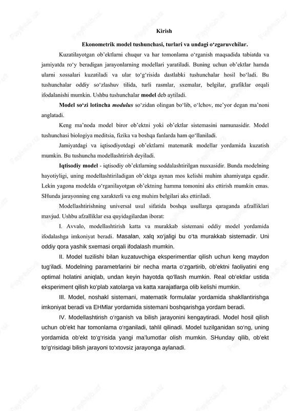 zgartirib, ob’ektni faoliyatini eng optimal holatini aniqlab, undan keyin hayotda qo‘llash mumkin. real ob’ektlar ustida eksperiment qilish ko‘plab xatolarga va katta xarajatlarga olib kelishi mumkin. iii. model, noshakl sistemani, matematik formulalar yordamida shakllantirishga imkoniyat beradi va ehmlar yordamida sistemani boshqarishga yordam beradi. iv. modellashtirish o‘rganish va bilish jarayonini kengaytiradi. model hosil qilish uchun ob’ekt har tomonlama o‘rganiladi, tahlil qilinadi. model tuzilganidan so‘ng, uning yordamida ob’ekt to‘g‘risida yangi ma’lumotlar olish mumkin. shunday qilib, ob’ekt to‘g‘risidagi bilish jarayoni to‘xtovsiz jarayonga aylanadi. 1.bir-biriga bog‘liq tenglamalar tizimini tushunchalari va turlari. odatda iqtisodiy ko‘rsatkichlar o‘zaro bog‘langan bo‘lishadi. bunday ko‘rsatkichlar (o‘zgaruvchilar) o‘rtasidagi munosabatlar tarkibi bir vaqtli tenglamalar tizimi yordamida ko‘rsatilishi mumkin. mazkur tenglamalarda quyidagi turdagi o‘zgaruvchilar mavjud bo‘ladi: - endogen, tizim ichida aniqlanuvchi, bog‘liqli u o‘zgaruvchilar; - ekzogen, qiymati tashqaridan beriladigan, boshqariladigan, bashoratlanuvchi, ta’sir etuvchi x o‘zgaruvchilar; - oldindan belgilangan o‘zgaruvchilar, xam joriy vaqtdagi ekzogen o‘zgaruvchilarni, xam lag o‘zgaruvchilar (o‘tgan davrlar uchun ekzogen va endogen o‘zgaruvchilar)ni …