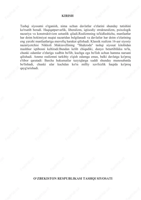 -qarshiliklar va nizolarni faqat tinch siyosiy yo'llar bilan hal qilish tarafdori.o'zbekiston davlatlarning suveren tengligi, kuch ishlatmaslik yoki kuch bilan tahdid qilmaslik, chegaralarning daxlsizligi, boshqa davlatlarning ichki ishlariga aralashmaslik; xalqaro majburiyatlarni vijdonan bajarish, inson huquqlarini hurmat qilish va himoya qilish va xalqaro huquqning boshqa umume'tirof etilgan tamoyilllari va normalari; xavfsizlikning bo'linmasligi, ochiqlik va pragmatizm, qo'shni mamlakatlar bilan har tomonlama yaxshi qo'shnichilik munosabatlarini rivojlantirish, mintaqaviy va xalqaro hamkorlikni mustahkamlash kabi asosiy tamoyillarga tayangan holda tinchlik, taraqqiyot va farovonlik yo'lida barcha sheriklar bilan hamkorlikni kengaytirishdan manfaatdor/.tashqi siyosiy faoliyatning asosiy va birinchi darajali vazifalaridan biri bu 2017-2021-yillarda o‘zbekiston respublikasini rivojlantirishning beshta ustuvor yo‘nalishi bo‘yicha harakatlar strategiyasini samarali amalga oshirishdir. ushbu maqsadga erishish uchun tashqi siyosat idorasi oldiga quyidagi vazifalar qo‘yilgan: - mamlakatimizda olib borilayotgan demokratik islohotlarni hamda jamiyat va iqtisodiyotni modernizatsiya qilishning jadal jarayonlarini samarali amalga oshirish uchun mumkin qadar qulay tashqi siyosiy shart-sharoitlarni shakllantirish; - markaziy osiyoda tinchlik va barqarorlikni saqlash hamda mustahkamlash, …