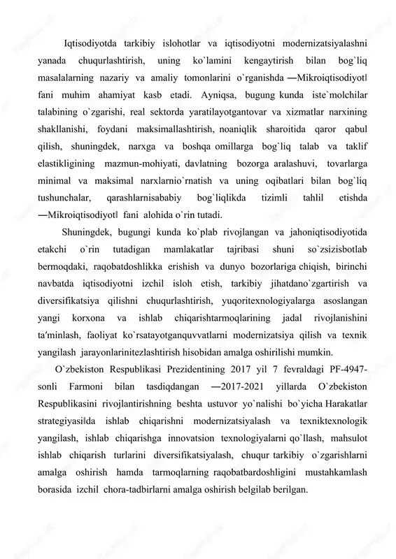 iqarish turlarini diversifikatsiyalash, chuqur tarkibiy o`zgarishlarni amalga oshirish hamda tarmoqlarning raqobatbardoshligini mustahkamlash borasida izchil chora-tadbirlarni amalga oshirish belgilab berilgan. ushbu fan bozor iqtisodiyotining amal qilish mexanizmini, turlimulkchilikka asoslangan firmalarning bozor sharoitidagi harakatini, cheklangan ishlab chiqarish resurslarini optimal taqsimlash va ulardan samarali foydalanish yo`llarini talabalarga o`rgatishda qo`l keladi. shuningdek, ―mikroiqtisodiyot‖ fani fundamental fanlardan biri bo`lib, boshqa iqtisodiy fanlarni chuqur o`rganishga asos bo`lib xizmat qiladi.bozor iqtisodiyoti sub′ektlari faoliyatiga bevosita ta′sir etuvchi talabva taklif, foydalilik va iste′molchilarning bozodagi narxlarga munosabati, ishlab chiqarish xarajatlari va mahsulot bahosi, raqobat shakllari, ishlabchiqarish omillari va ulardan oqilona foydalanish yo`llari, umumiymuvozanat va davlatning bozorni boshqarishdagi roli va shu kabi qatorboshqa masalalar o`rganiladi. 1.monopol raqobat bozori monopol raqobat – tarmoqdagi ishlab chiqaruvchi yoki sotuvchilar soni ko‘p hamda ular o‘rtasida ma’lum darajada raqobat mavjud bo‘lgan, biroq har bir ishlab chiqaruvchi yoki sotuvchi o‘z tovar yoki xizmatining alohida, maxsus xususiyatlari mavjudligi sababli ularning narxi va ishlab chiqarish hajmini belgilashdagi ma’lum darajada …