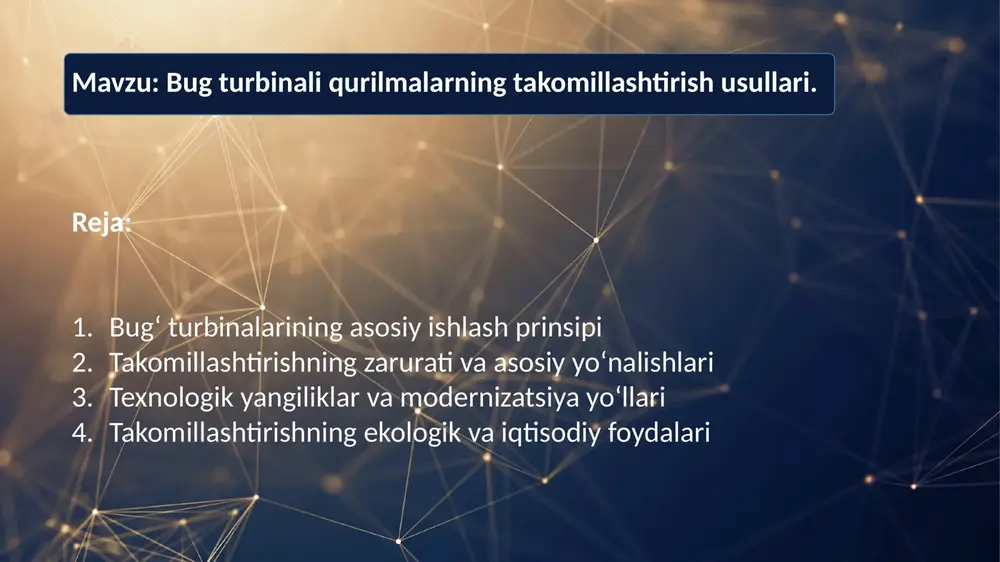 ayyorlash vazifasini bajaradi. bug‘-kuch qurilmasining elementar sxemasi energiya ishlab chiqarish: rotorning ishlab chiqaruvchi ageneratorga ulangan bo'lib, mexanik energiya elektr energiyasiga aylantiriladi. kondensatsiya: turbinadan chiqqan bug' kondensatorga kelib, u yerda sotiladi, yana suv holatiga qaytadi. bu suv qaytaga yuboriladi, va sikl takrorlanadi. bug' turbinalarining ushlab bug'ning harorati va o'rnatishga, turbinaning dizayniga bog'liqlikka. qaysi turbinalar yuqori samaradorlikka erishish uchun ko'p bosqichli (masalan, yuqori, o'tmishdagi balandliklar sifatida) va qilinadi. bug' turbinalari turli xil ilovalar valarga qarab turlarga bo'linadi. asosiy turlari: kondensatsion turbinalar: •bu turbinalar asosiy elektr energiya ishlab chiqarishda ishlab chiqarish. bug' turbinadan chiqqandan so'ng kondensatorga yuboriladi, bu esa samaradorlikka keling. qarama-qarshi bosimli turbinalar (back-pressure turbines): •bu turbinalarda bug' turbinadan chiqqandan keyin sanoat jarayonlari uchun (masalan, kimyoviy yoki boshqa jarayonlar) qurilmalar. ekstraksion turbinalar: • bug'ning bir qismi turbinadan sanoat uchun oziq-ovqat, qolgan qismi esa elektr energiya ishlab chiqarishda ishlab chiqarish. reaktiv va impulsli turbinalar: • impulsli turbinalarda bug' qanotlarga yuqori bosim bilan ulanadi, …
