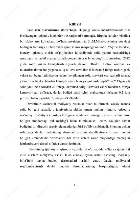 kamaytirish siyosati davom ettirildi. kichik korxona va mikrofirmalar uchun yagona soliq to’lovi stavkalari 6 foizdan 5 foizga tushirilgani, yakka tartibdagi tadbirkorlar uchun belgilangan soliq stavkasi esa sezilarli tarzda, ya’ni o’rtacha ikki barobar kamaytirilgani buni yaqqol tasdiqlaydi1” va “o’tgan yili soliq yuki 20,5 foizdan 20 foizga, daromad solig’i stavkasi esa 9 foizdan 8 foizga kamaytirilgan bo’lsada, davlat budjeti yalpi ichki mahsulotga nisbatan 0,2 foiz profitsit bilan bajarildi.2”, - deya ta’kidladilar. davlatimiz xazinasini moliyaviy resurslar bilan to’ldiruvchi asosiy manba soliq bo’lgani sababli, u jamiyatimiz oldida turgan muhim ijtimoiy, iqtisodiy, ma’naviy, ma’rifiy va boshqa ko’pgina vazifalarni amalga oshirish uchun zarur bo’lgan miqdordagi pul mablag’i bilan ta’minlanishi lozim. soliqlar davlat budjetini to’ldiruvchi asosiy elementlardan biri bo’lib hisoblanadi. shuning uchun soliqlarga davlat budjetining daromad qismini shakllantiruvchi, eng muhim bo’lgan umumdavlat vazifalarini hal etish uchun zarur miqdordagi mablag’ni jamlantiruvchi dastak sifatida qarash lozimdir. davlatning ijtimoiy – iqtisodiy vazifalarini o’z vaqtida to’liq va ijobiy hal etish ma’lum …