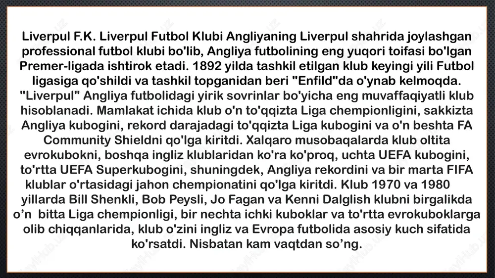 halok bo'lgan heyzel stadionidagi falokat edi. qurbonlarning aksariyati italiyaliklar va tribunadagi zo‘ravonlikdan qochgan “yuventus” muxlislari edi. natijada uefa boshqa barcha ingliz jamoalarini besh yilga, «liverpul»ni esa olti yilga yevrokuboklardan chetlashtirdi. ikkinchisi, 1989-yildagi hillsborodagi falokat bo‘lib, unda 97 nafar “liverpul” tarafdorlari perimetri devoriga urilib halok bo‘lgan edi. teylor hisobotining tavsiyalari angliya futbolining yuqori ikki pog'onasida joylashgan barcha o'rindiqli stadionlar foydasiga to'siq bilan o'ralgan tik teraslarni yo'q qilishga olib keldi. adolat uchun uzoq davom etgan targ'ibot-tashviqot ishlari qo'shimcha tekshiruvlar, komissiyalar va mustaqil hay'atlarni ko'rdi va natijada muxlislarni oqladi. tarixi liverpul f.c. "everton" qo'mitasi va klub prezidenti va "enfild"dagi yer egasi jon xolding o'rtasidagi kelishmovchilikdan keyin tashkil etilgan. stadionda sakkiz yil o'tgach, everton 1892 yilda gudison parkiga ko'chib o'tdi va xolding liverpul fkga asos soldi. enfildda o'ynash. dastlab "everton f.c. and athletic grounds ltd" (qisqacha "everton athletic") deb nomlangan klub liverpul f.c.ga aylandi. 1892 yilning martida va uch oy o'tgach, futbol assotsiatsiyasi klubni …