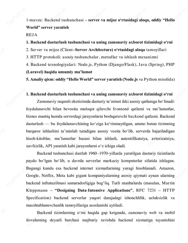 hlilik, uzluksizlik va masshtablanuvchanlik tamoyillariga asoslanishi aytiladi. backend tizimlarning o‘rni haqida gap ketganda, zamonaviy web va mobil ilovalarning deyarli barchasi majburiy ravishda backend xizmatiga tayanishini ta’kidlash lozim. masalan, foydalanuvchi telegram yoki instagram kabi ilovalardan biror kontentni yo‘qotmasdan foydalanishi uchun barcha ma’lumotlar markaziy serverlarda saqlanadi. backend server foydalanuvchi yuborgan so‘rovlarni qabul qiladi, kerakli ma’lumotlarni tekshiradi, ma’lumotlar bazasiga murojaat qiladi va natijani qaytaradi. shu jarayonda backendning ishonchli ishlashi butun xizmatning sifatiga bevosita ta’sir qiladi. backend strukturasida asosiy komponentlar mavjud: 1. server — backend kodlari bajariladigan muhit. bu fizik kompyuter, virtual server yoki bulutli xizmat bo‘lishi mumkin. 2. ma’lumotlar bazasi — barcha axborotlar saqlanadigan joy. mysql, postgresql, mongodb kabi texnologiyalar keng qo‘llanadi. 3. api (application programming interface) — frontend yoki boshqa ilovalarga xizmat ko‘rsatish interfeysi. 4. biznes mantiq — foydalanuvchi so‘rovlariga ishlov berishdagi qoidalar, algoritmlar. 5. xavfsizlik moduli — autentifikatsiya, avtorizatsiya, shifrlash, xavfsizlik devorlariga oid mexanizmlar. backend tizimlarining bugungi dasturchilik infratuzilmasidagi o‘rni ayniqsa …