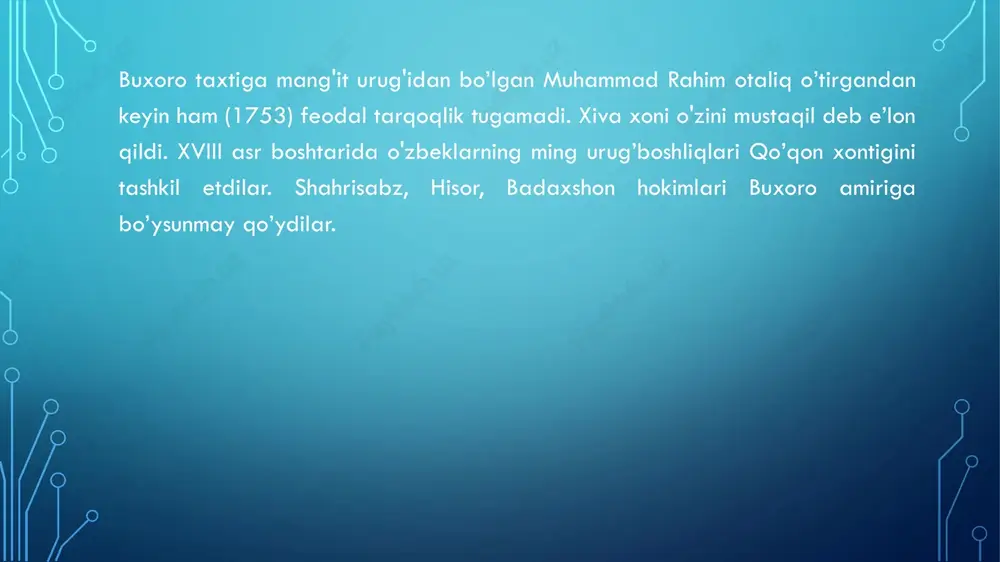o’tirgan xudoyorxon ruslar bostirib kelgandan keyin, ular bilan bitim tuzib, rossiya vassaliga aylandi. bunga qarshi farg’ona vodiysi aholisi qo’zg’olon ko’tardi. • 1876-yili rossiya imperiyasi harbiylari qo’zg’olonni bostirdilar va bahonada qo’qon xonligi tugatilib, turkiston general-gubernatorligi tarkibiga qo’shib yuborildi. • xonliklarning ma’muriy-hududiy chegaralari. xix asrga kelib. buxoro amirligining hududi qariyb 200 ming kv. km.ni tashkil etdi. uning chegaraiari janubda amudaryoning sot qirg’og’idan boshlanib, sirdaryogacha cho’zilib, qozoq juzlari bilan chegaradosh edi amirlik sharqda pomir tog’aridan, g’arbda xiva xonligi chegaralarigacha bo’lgan hududni egallab turardi. buxoro va samarqand kabi yirik shaharlar joylashgan zarafshon vodiysi amirlikning markaziy qismi hisoblanardi. qashqadaryo va surxondaryo vohalari. hozirgi tojikiston hududidagi vaxsh, kofirnihon, panj dar- yoiari vodiysida joylashgan shahar va qishloqlar, shuningdek, turkmaniston hududiga kirgan murg'ob daryosi vohalaridagi erlar ham buxoro amirligiga qarar edi buxoro amirligining poytaxti sharqda eng mashhur shahar sifatida e’tirof etilgan buxoroi sharif edi. yirik shaharlardan samarqand, qarshi, shahrisabz, kitob, g’uzor, termiz, sherobod, hisor, dushanbe, kotob va boshqalar …