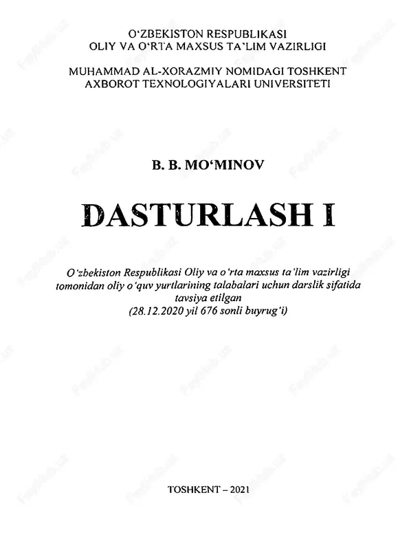 ni qamrab olgan. darslikning toʻrtinchi bobida ob’ektga yoʻnaltirilgan dasturlash asoslari deb nomlangan bobda ob’ektga yoʻnaltirilgan dasturlash tamoyllarini tashkil qilish usullari, sinflar va konstruktorlar hamda ulardan foydalanish yoʻllari, ob’ektlar va ularni parametr sifatida qoʻllanilish usullari oʻrgatishga qaratilgan. 4 darslikning beshinchi bobida satrlar va fayllar bilan ishlash usullari bayon etilgan. satrlar va belgili oʻzgaruvchilarga ishlov berish hamda ularni tashkil qiluvchi standart funksiyalar, ulardan foydalanish yoʻllari, matnli va binar fayllar bilan ishlash usullari, istisnoli holatlarni qayta ishlash yoʻllari bayon qilingan. darslikning oltinchi bobida inkapsulyatsiya, merosxoʻrlik, polimorfizm va shablonlar bilan ishlashga bagʻishlangan. inkapsulyatsiyani tashkil qilish yoʻllari, merosxoʻrlik va ulardan foydalanish usullari, polimorfizm va uning turlari, operatorlarni qayta yuklash hamda shablonlar va ularni tashkil qilish shartlari va ketma- ketliklari bayon qilingan. qoʻllanma boʻyicha takliflar, undagi aniqlangan kamchiliklar boʻyicha fikr-mulohazalaringizni mbbahodir@gmail.com elektron pochtasiga yuborishingizni soʻraymiz. sizning bu bildirgan fikr- mulohazalaringiz qoʻllanmaning keyingi nashrlarida uni yanada mazmunliroq va kamchiliklardan xoli tarzda chop etishimizga albatta asqotadi. muallif 5 …