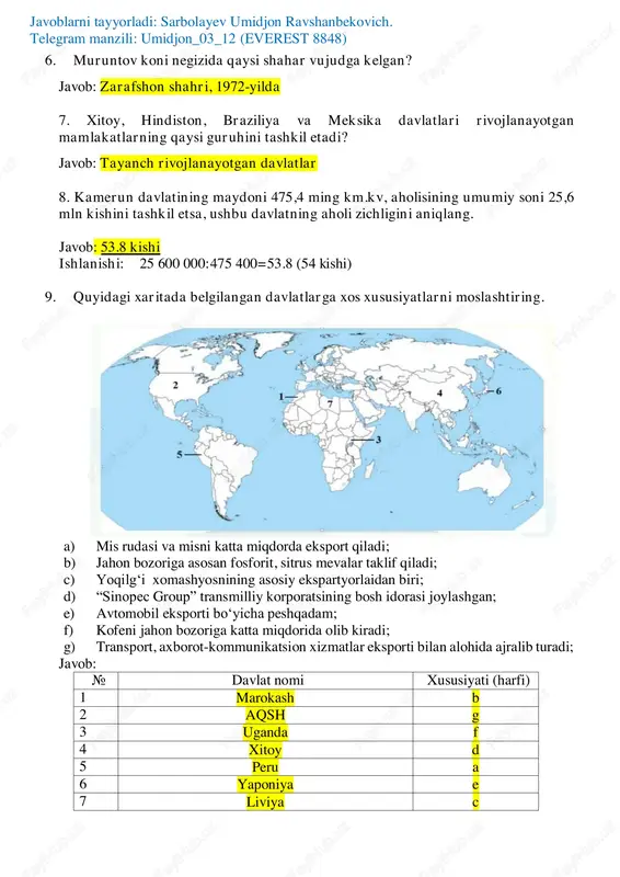 anbekovich. telegram manzili: umidjon_03_12 (everest 8848) 10. quyidagi diagrammalarda dunyo va turli qit’alar aholisining yosh tarkibi tasvirlangan. bu diagrammalar yordamida qaysi qit’a aholisida bolalarning ulushi eng yuqori, qaysi birida esa keksalarning ulushi eng yuqori ekanligini aniqlang. bu ikki qit’ada tug‘ilish darajasi va umr ko‘rish davomiyligining farqlanishi haqida xulosa qiling. javob: bolalar salmog’i eng yuqorisi --- afika keksalar salmog’i eng yuqorisi --- yevropa afrikada tug’ulish yuqori, aholing umr ko’rish davomiyligi past. shunday ekan keksalar salmog’i kam. yevropada tug’ulish kam, aholing umr ko’rish davomiyligi yuqori. shunday ekan keksalar salmog’i ko’p. javoblarni tayyorladi: sarbolayev umidjon ravshanbekovich. telegram manzili: umidjon_03_12 (everest 8848) ii variant 1. atmosfera qatlamlaridan qaysi birining yuqori chegarasi 40-50 km balandlikda o‘tadi? a) troposfera v) stratosfera d) mezosfera e) termosfera (lekin darsliklarda 50-55 km gacha deb berilgan). troposferadan yuqorida stratosfera (50 — 55 km gacha), mezosfera (80 — 85 km gacha), termosfera (1 000 km gacha), ekzosfera (2 000 km gacha) …