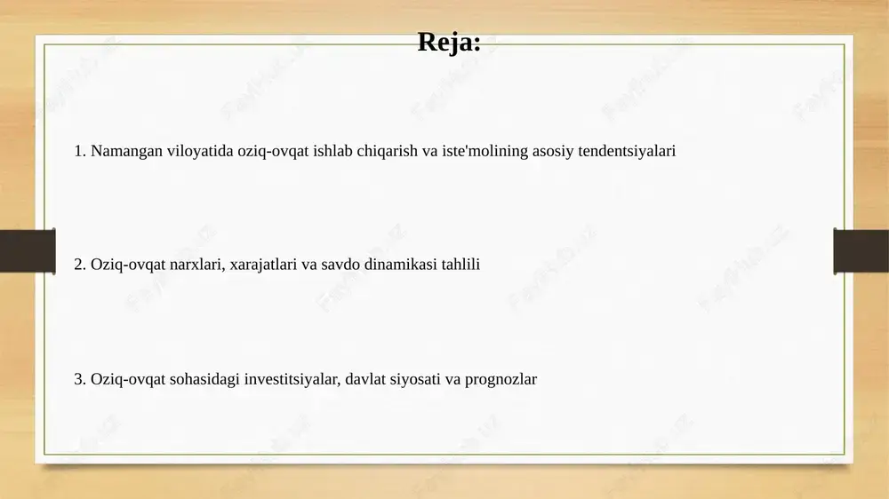 arining barqarorligi va energiya samaradorligining oshishi hisobiga erishildi. oziq-ovqat mahsulotlarining import va eksport hajmi namangan viloyatining asosiy oziq-ovqat importi orasida 2023-yilda o‘simlik yog‘i 15 ming tonnani tashkil etdi, bu esa viloyat ehtiyojining muhim qismini qoplaydi va narx barqarorligini ta’minlaydi. 2023-yilda namangan viloyatidan qishloq xo‘jaligi mahsulotlari eksporti 8 million dollarga yetdi, asosiy eksport mahsulotlari quritilgan mevalar bo‘lib, xorijiy bozorlarda yuqori talabga ega. oziq-ovqat xavfsizligi va sifatini ta'minlash oziq-ovqat xavfsizligini ta'minlash uchun 2023- yilda namangan viloyatida mahsulotlarni sertifikatlashtirish bo'yicha 150 dan ortiq tekshiruv o'tkazildi, bu esa standartlarga muvofiqlikni oshirishga yordam berdi. viloyatda oziq-ovqat mahsulotlari sifatini nazorat qilish maqsadida, 2022-yilga nisbatan 20% ko'proq, ya'ni 800 dan ziyod namunalar laboratoriya tekshiruvidan o'tkazildi. demografik vaziyatning oziq-ovqat ta'minotiga ta'siri namangan viloyatida aholi sonining o'sishi, ayniqsa yoshlar ulushining ko'payishi, 15-25%ga oziq-ovqatga bo'lgan talabni oshiradi, bu esa ishlab chiqarishni rag'batlantirishni talab qiladi. qishloq joylarda demografik o'zgarishlar, masalan, migratsiya, mahalliy oziq-ovqat mahsulotlariga talabni 10-18%ga kamaytirishi mumkin, diversifikatsiyani talab qiladi. …