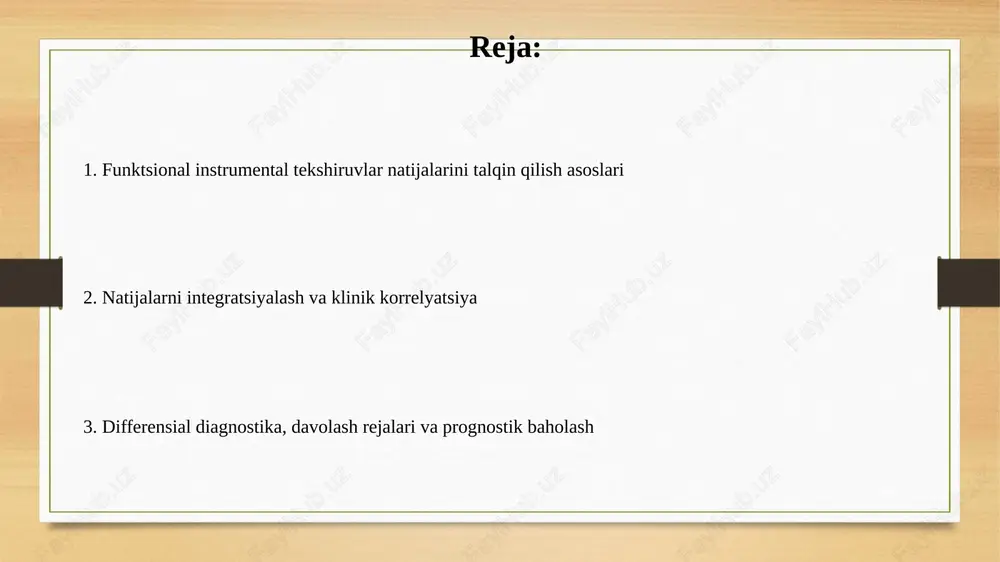 siyani ko'rsatishi mumkin: yuqori nafas yo'llari obstruksiyasi inspiratoriy va ekspiratoriy oqimlarning har ikkalasini ham tekislaydi. diffuziya qobiliyatini tekshirish (dlco): gaz almashinuvini baholash dlco tekshiruvi alveolyar membranadan kapillyarlarga kislorod va karbondioksidning o'tishini baholaydi, bu gaz almashinuvi samaradorligini aniqlash uchun muhim. dlco natijalari interstitsial o'pka kasalliklari, emfizema va o'pka gipertenziyasi kabi kasalliklarni tashxislashda yordam beradi, ularda gaz almashinuvi buzilishi kuzatiladi. arterial qon gazlari tahlili: gaz almashinuvini va kislota-ishqor muvozanatini aniqlash arterial qon gazlari tahlili pao2, paco2, ph va bikarbonat (hco3) kabi ko'rsatkichlarni o'lchaydi, bu orqali gaz almashinuvi va kislota-ishqor muvozanati holatini baholash imkonini beradi. normadan og'ishlar, masalan, pao2 ning 60 mmhg dan past bo'lishi gipoksemiyani ko'rsatadi, paco2 ning 45 mmhg dan yuqori bo'lishi esa respirator atsidozni aks ettirishi mumkin. pulsoksimetri: kislorod saturatsiyasini baholash pulsoksimetri qonda kislorod bilan bog'langan gemoglobinning foizini (spo2) baholaydi; normal ko'rsatkichlar 95-100% bo'lib, 90% dan past ko'rsatkichlar gipoksemiyani ko'rsatadi. pulsoksimetri yurak urish tezligini (puls tezligini) va spo2 ni bir …
