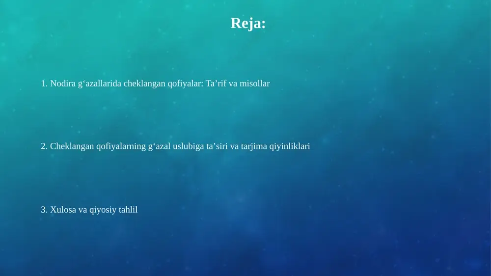 ma'nosini 2-tildagi she'rga moslashtirishdagi noziklikdir. qofiyalarning ma'nosini yo'qotmasdan, 3 yoki 4 so'zdan iborat bo'lgan cheklangan qofiyani tarjima qilishda metrik va ritmik talablarni saqlash juda qiyin. nodira va boshqa shoirlar: qiyosiy tahlil nodira oʻz gʻazallarida 11-asr mutafakkiri xoja abdulloh ansoriy kabi soʻfiylik motivlarini qoʻllagan, ammo uning uslubi oʻziga xos noziklikka ega edi. uning ijodi alisher navoiy merosiga yaqin boʻlsa- da, nodira oʻzbek mumtoz sheʼriyatida 9-10 baytdan iborat gʻazallari bilan ajralib turadi. xulosa: cheklangan qofiyalarning ahamiyati cheklangan qofiyalar nodira gʻazallarida poetik mahoratning 100% koʻrsatkichidir, bu uning soʻz boyligi va sheʼriyat qonuniyatlariga boʻysunish qobiliyatini namoyon etadi. ular gʻazalning 70% dan ortiq qismini tashkil qiladi, bu esa uning oʻziga xosligini taʼminlaydi va matnning ohangdorligini 90% oshiradi hamda oʻquvchiga estetik zavq beradi. e'tiboringiz uchun rahmat slide 1 slide 2 slide 3 slide 4 slide 5 slide 6 slide 7 slide 8 slide 9 slide 10