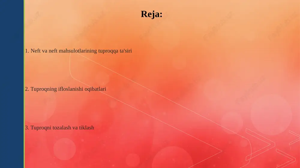 tiradi, bu 10 dan 100 barobargacha kamayishi mumkin, bu gidrofobiklik va boʻshliqlarning toʻlishi bilan bogʻliq. neftning flora va fauna ta'siri neftning o'simliklarga ta'siri ularning o'sishi va unuvchanligini sezilarli darajada kamaytiradi, chunki neft tuproq zarralarini qoplaydi va kislorod almashinuvini 50-70 foizga cheklaydi. neft bilan ifloslangan hududlarda o'simliklarning fotosintez darajasi 30-40 foizga pasayadi, bu esa o'simliklarning zaiflashuviga va ba'zi turlarning yo'q bo'lib ketishiga olib kelishi mumkin. neftning hayvonot dunyosiga ta'siri, ayniqsa suv muhitida yashovchi organizmlar uchun o'ta xavflidir, bunda neft qatlami baliqlar va qushlarning 60-80 foizgacha o'limiga sabab bo'lishi mumkin. tuproqni tozalash usullari kimyoviy tozalash usullari oksidlovchi moddalarni, masalan, vodorod peroksidni ishlatishni o'z ichiga oladi, ular neft mahsulotlarini kamroq zaharli birikmalarga parchalaydi, samaradorlik darajasi 60-75% ni tashkil qiladi. fizikaviy tozalash usullariga tuproqni yuvish kiradi, bu erda ifloslantiruvchi moddalar suv yoki erituvchilar bilan yuviladi, keyin esa 80-90% neftni olib tashlash uchun ishlatiladi. biologik tozalash usullari mikroorganizmlardan, masalan, bakteriyalardan foydalanadi, ular neftni parchalab, uni …
