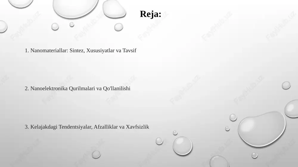 n beradi, materialning sirt tuzilishi va mexanik xususiyatlarini aniqlashda muhim rol o'ynaydi. nanomateriallarning xususiyatlari nanomateriallarning elektron xususiyatlari o'lchamga bog'liq kvant effektlari tufayli o'zgaradi, masalan, yarimo'tkazgichli nanokristallarning band oralig'i o'lchamlari bilan rostlanadi. optik xususiyatlar ham o'zgaradi, chunki nanozarrachalar ma'lum to'lqin uzunliklarida yuzadagi plazmon rezonansini namoyon qiladi, bu esa 10-100 nm zarrachalar uchun xosdir. issiqlik o'tkazuvchanligi nano tuzilmalarda, ayniqsa 1d nanotubkalarda, o'lchamning kamayishi va fononlarning tarqalishi tufayli sezilarli darajada farq qilishi mumkin. nanoelektronika qurilmalarida qo'llanilishi kvant nuqtalari xotira qurilmalarida zaryadni saqlash qobiliyatiga ega, 10 yilgacha ma'lumotlarni saqlash va kichik hajmlarda yuqori zichlikdagi xotirani yaratish imkonini beradi. nanoelektronik tranzistorlarda uglerod nanotubkalari 1 nanometrgacha bo'lgan kanal uzunliklariga erishishga imkon beradi, bu esa an'anaviy kremniy tranzistorlariga qaraganda tezroq ishlashni ta'minlaydi. nanowire sensorlari juda kichik o'lchamdagi va yuqori sezuvchanlikka ega, shuning uchun ular 1 ppm (millionda qism) konsentratsiyadagi gazlarni aniqlash uchun ishlatilishi mumkin. nanotexnologiyaning afzalliklari, kamchiliklari va xavfsizligi nanotexnologiya yuqori aniqlikdagi sensorlar, tezkor tranzistorlar va samarali …