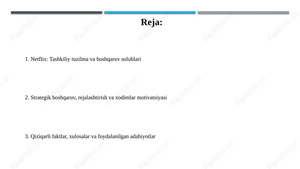 a qat'iy qoidalarga rioya qilish majburiyatini yuklamaydi. qiziqarli faktlar netflix dastlab pochta orqali dvd ijarasi xizmati sifatida boshlangan, 1997-yilda tashkil etilgan. 1999-yilga kelib, ular obuna modelini joriy etishdi, bu esa abonentlarga cheksiz ijaraga imkon berdi. 2013-yilda netflix o‘zining original kontentiga kirdi va “house of cards” serialini taqdim etdi. bu strategiya obunachilarni jalb qilish va saqlab qolish uchun muhim qadam bo'ldi. xulosa netflixning global muvaffaqiyati 190 dan ortiq mamlakatda 230 million obunachiga xizmat ko'rsatishdagi strategik moslashuvchanlik va texnologik innovatsiyalar bilan bog'liq. kompaniyaning ma'lumotlarga asoslangan qaror qabul qilish va xodimlarga erkinlik berishga qaratilgan madaniyati ijodiy jarayonlarning tezlashuviga va moslashuvchanlikka yordam beradi. e'tiboringiz uchun rahmat slide 1 slide 2 slide 3 slide 4 slide 5 slide 6 slide 7 slide 8 slide 9