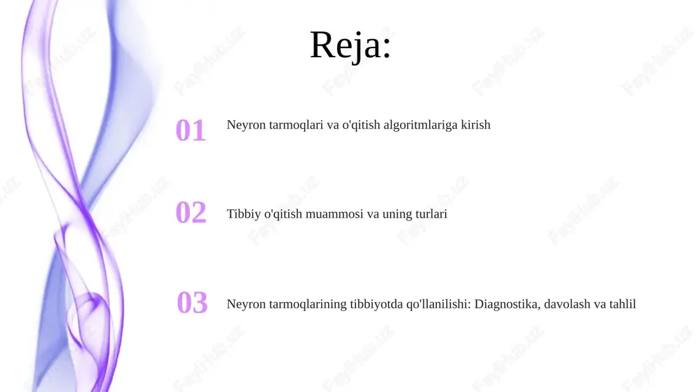 atlar sog'lom va faqat 10% kasal bo'lishi mumkin. ma'lumotlarni qayta ishlash usullari, masalan, smote bu muammoni hal qiladi. tibbiy ma'lumotlarni qayta ishlash bemorning maxfiyligini ta'minlash uchun anonimlashtirishni o'z ichiga olishi kerak. hipaa kabi qonunlar, bemorning shaxsiy ma'lumotlarining himoyasini talab qiladi. tibbiy o'qitish muammosining turlari tibbiy o'qitishdagi klassifikatsiya muammosi kasalliklarni diagnostika qilishda keng qo'llaniladi, bunda model bemorni sog'lom yoki kasal deb tasniflaydi, aniqlik, sezgirlik va o'ziga xoslik kabi ko'rsatkichlar bilan baholanadi. regressiya muammolari davolash natijalarini prognoz qilish yoki dori dozalarini aniqlashda qo'llaniladi. model uzluksiz qiymatni bashorat qiladi va o'rtacha kvadrat xatolik (mse) kabi metrikalar bilan baholanadi. segmentatsiya muammosi tibbiy tasvirlarda organlar yoki o'smalarni aniqlash va belgilashni o'z ichiga oladi. bu, ayniqsa, radiologiyada muhim bo'lib, dice koeffitsienti kabi metrikalar yordamida baholanadi. tibbiyotda neyron tarmoqlarining qo'llanilishi davolashni rejalashtirishda neyron tarmoqlari bemorning ahvolini prognoz qilish uchun ishlatiladi, masalan, 70% aniqlik bilan dori vositalarining samaradorligini bashorat qilish va individual davolash rejasini tuzish. neyron tarmoqlari kasalliklarni …