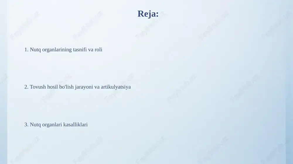 atorlar sifatida labial va labiodental tovushlarni hosil qilishda muhim ahamiyatga ega; ular bir-biriga tegib (bilabial), tishlarga tegib (labiodental) 2 xil tovush hosil qiladi. harakatlanmaydigan artikulyatorlar qattiq tanglay, og'iz bo'shlig'ining yuqori qismining old qismi bo'lib, tovush shakllanishida muhim rol o'ynaydi, ayniqsa, [t], [d], [n] kabi alveolyar undoshlarning artikulyatsiyasida. yuqori tishlar, ayniqsa kesuvchi tishlar, lab-tish undoshlarining (masalan, [f] va [v]) talaffuzida passiv artikulyator vazifasini bajaradi va lablar bilan aloqa orqali tovushni hosil qiladi. tovush paydo bo'lish jarayoni tovush paydo bo'lishi jarayoni uchta asosiy bosqichdan iborat: havo oqimining hosil bo'lishi (nafas olish), ovoz paydo bo'lishi (fonatsiya), va artikulyatsiya orqali aniq tovushlarga shakllantirish (artikulyatsiya). fonatsiya jarayonida, havo o'pkadan traxeya orqali o'tib, halqumdagi ovoz burmalarini tebratadi, natijada 100-200 gerts chastotali tovushlar hosil bo'ladi. bu tovushlar keyinchalik o'zgartiriladi. unlilar artikulyatsiyasi unlilar artikulyatsiyasi tilning vertikal holati (yuqori, o'rta, past) va gorizontal holati (old, o'rta, orqa) bilan belgilanadi, masalan, 'i' yuqori va old unli, 'a' esa past va …