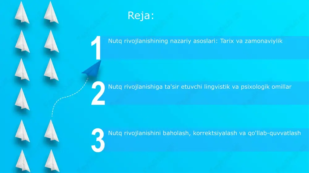 oslangan nutq tahlili orqali ijtimoiy guruhlardagi 7 xil nutq o'zgarishini aniqlashga yordam beradi. ontogenez va filogenez: nutqning shakllanishi filogenez esa nutqning evolyutsion rivojlanishini, ya'ni insoniyatning nutq qobiliyatini qanday rivojlantirganini o'rganadi, taxminan 1,6 million yil oldin boshlangan. ontogenez nutqning shakllanishida bolaning tug'ilishidan to nutqning to'liq rivojlanishigacha bo'lgan individual rivojlanish jarayonini o'z ichiga oladi, 0 yoshdan boshlab. ontogenez va filogenez o'zaro bog'liq bo'lib, individual nutq rivojlanishi insoniyatning nutq evolyutsiyasining qonuniyatlariga asoslanadi, bu 2 ta jarayon birlashadi. nutq faoliyati nazariyasi va nutq etalonlari nutq faoliyati nazariyasi nutqni 4 asosiy faoliyat turi orqali tahlil qiladi: tinglash, gapirish, o'qish va yozish, ularning har biri o'ziga xos kognitiv jarayonlarga ega. nutq etalonlari, masalan, 6 ta fonemadan iborat so'zlar talaffuzi me'yorlari, nutq faoliyatini baholashda va o'qitish usullarini ishlab chiqishda muhim rol o'ynaydi. l.s.vigotskiyning nutq faoliyati nazariyasi nutqning 3 ta asosiy bosqichini ajratib ko'rsatadi: motivatsiya, rejalashtirish va ijro etish, ularning har biri nutq rivojlanishida muhim ahamiyatga ega. nutq …