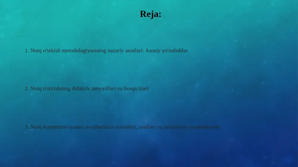 iqarish jarayonlarida miyaning 10 dan ortiq kognitiv mexanizmlarini o'rganadi, so'z tanlash va grammatik tuzilishni tahlil qiladi. sotsiolingvistik nazariyalar tilning 7 asosiy ijtimoiy omillari, jumladan, ijtimoiy sinf, etnik guruh va mintaqa ta'sirini tahlil qiladi, nutq uslublari va variantlarini o'rganadi. pedagogik nazariyalar va nutq o'stirishning didaktik tamoyillari pedagogik nazariyalarda nutqni o'stirish didaktikasi bolaning yosh xususiyatlarini hisobga olgan holda, asta-sekinlik bilan murakkablashtirilgan 3 ta asosiy bosqichdan iborat bo'lishi kerak. didaktik tamoyillar nutq o'stirishda o'quvchilarning faolligini oshirishga qaratilgan. bunda ko'rgazmalilik, sistemalilik, izchillik va 2 tomonlama aloqa kabi 4 ta muhim element mavjud. pedagogik yondashuvlar o'qituvchining rolini muhim deb biladi. o'qituvchi nutq o'stirishda namuna bo'lishi, 5 ta asosiy ko'nikmani rivojlantirish uchun sharoit yaratishi lozim. nutq faoliyati turlari va nutq kompetentsiyasi nutq kompetentsiyasi kommunikativ kompetentsiyaning bir qismi bo'lib, grammatik qoidalar, lug'at boyligi va pragmatik tushunchani o'z ichiga olgan 5 muhim elementdan iborat. nutq faoliyatining 4 asosiy turi bor: tinglash (0), gapirish (1), o'qish (2) va yozish …