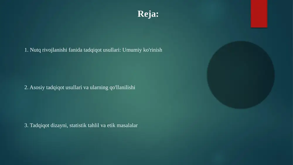 olishtirish mumkin. qiyosiy tahlil tadqiqotlari ko'pincha nutq buzilishlari sabablarini o'rganishda qo'llaniladi. 20 nafar nutqida nuqsoni bor bola va 20 nafar sog'lom bolalar guruhlari solishtiriladi. nutq rivojlanishi tadqiqotlarida zamonaviy yondashuvlar zamonaviy tadqiqotlar neyroimaging (fmri, eeg) texnologiyalaridan foydalanib, nutqni qayta ishlashda miya faolligining 1-2 yoshdagi o'zgarishlarini aniqlaydi. kompyuter modellashtirish, xususan, bayesian modellari, bolalarning tilni o'rganishida 3-4 ta asosiy qoidani qanday o'zlashtirishini simulyatsiya qilishga yordam beradi. genetik tadqiqotlar foxp2 geni kabi nutq rivojlanishiga ta'sir etuvchi 5-6 ta asosiy gen variantlarini va ularning ta'sir mexanizmlarini o'rganishga qaratilgan. statistik va lingvistik tahlil usullari lingvistik tahlil nutq namunalarida ot, fe'l nisbati kabi grammatik xususiyatlarni o'rganadi va so'z boyligi o'sishini hisoblash uchun type-token ratio (ttr) dan foydalanadi. statistik tahlil nutq rivojlanishida 0.05 p- qiymat darajasida ma'lumotlar to'plamlari o'rtasidagi bog'liqlikni aniqlash uchun anova, t-test kabi usullarni qo'llaydi. tadqiqotlar matn korpusidan foydalanib, so'zlarning chastotasini aniqlash uchun zipf qonuniyatini qo'llaydi, bu qonun 80/20 qoidasiga mos keladi va bolalar nutqidagi asosiy …