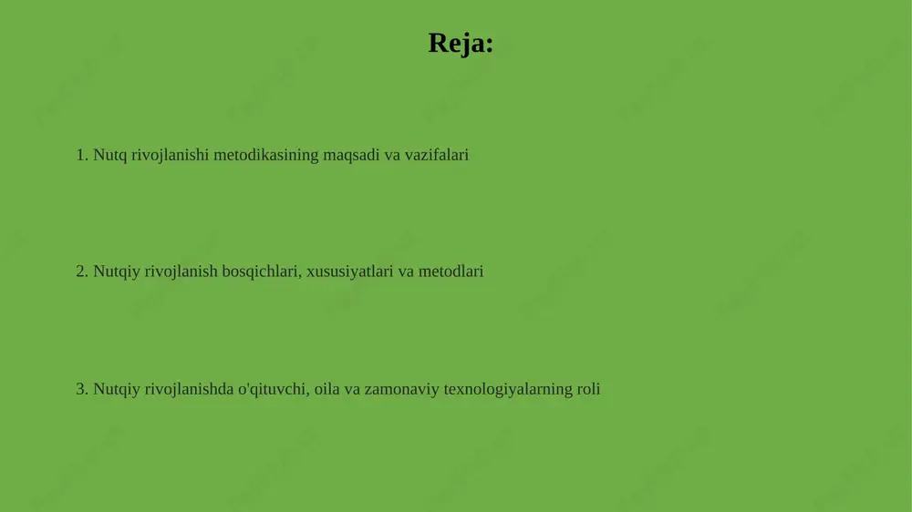 50 dan 200 tagacha so'zni o'zlashtiradilar va oddiy gaplarni tuzishni boshlaydilar, grammatika shakllanadi. nutqiy rivojlanish metodlarining tasnifi nutqiy rivojlanish metodlari 3 asosiy guruhga bo'linadi: 1) og'zaki (suhbat, hikoya); 2) ko'rgazmali (rasm, o'yinchoq); 3) amaliy (o'yin, mashq). tasniflashda 4 ta asosiy yondashuv mavjud: 1) sensorli; 2) lingvistik; 3) psixologik; 4) kompleks. ular har bir bolaga individual yondashuvni ta'minlaydi. metodlar 5 xil shaklda bo'ladi: 1) bevosita; 2) bilvosita; 3) kombinatsiyalashgan; 4) reproduktiv; 5) ijodiy. bular nutqning turli aspektlarini rivojlantiradi. lug'at boyitish metodlari o'yinli mashqlar, masalan 'so'zlar zanjiri', bolalarning lug'atini kengaytirishga yordam beradi. bunda 3-4 yoshli bolalar uchun oddiy so'zlar ishlatiladi. lug'at boyitish metodlari orasida 'semantik tahlil' muhimdir, bu so'zlarning ma'nosini, kelib chiqishini va qo'llanilishini 5 bosqichda tahlil qilish orqali amalga oshiriladi. tasvirli lug'atlar - vizual metod bo'lib, bolalarga 100 dan ortiq yangi so'zlarni o'zlashtirishga yordam beradi, bunda har bir so'z aniq rasm bilan birga taqdim etiladi. grammatik qurilishni shakllantirish metodlari "so'z birikmalarini …