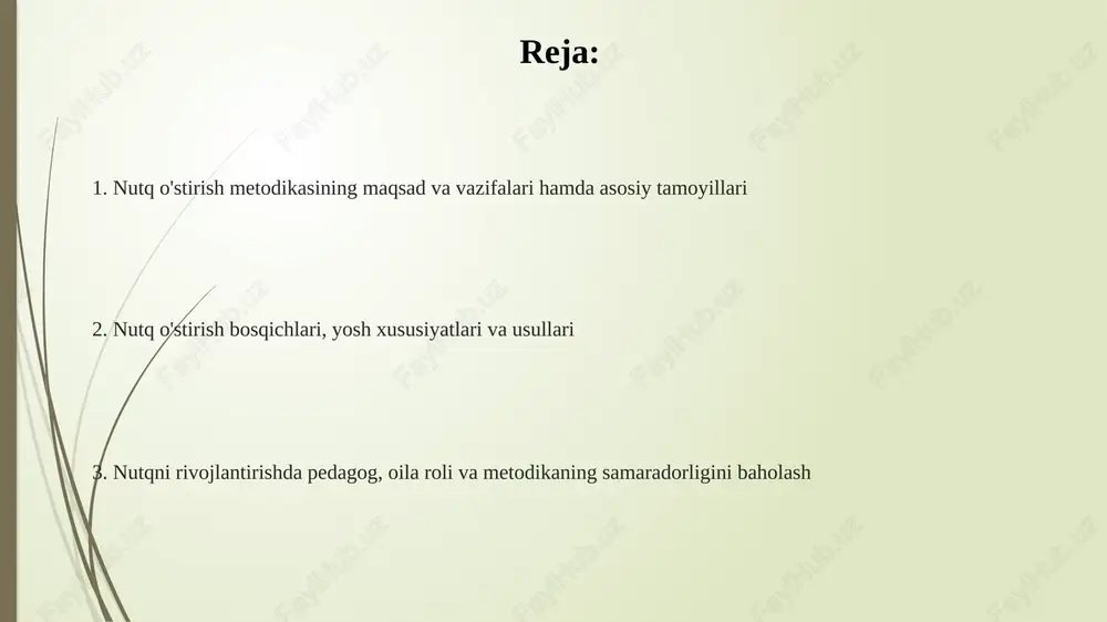 igi 1500-2000 so'zni tashkil etadi, grammatik tuzilish elementlari shakllana boshlaydi. nutq o'stirish usullari va vositalari nutq o'stirishda hikoya qilish usuli 3 yoshdan katta bolalarda voqealarni tushunish va so'z boyligini oshirishda muhim rol o'ynaydi, bu esa mantiqiy fikrlashni rivojlantiradi. rasmlar va o'yinchoqlar kabi vositalar 2-4 yoshli bolalarning nutqini rag'batlantirish uchun ishlatiladi, ularga nomlash, ta'riflash va oddiy gaplar tuzish imkoniyatini beradi. rolli o'yinlar 5-6 yoshdagi bolalarda dialogik nutqni shakllantirishda samarali, chunki ular o'zaro munosabatlarni modellashtirish va so'zlashuv mahoratini rivojlantirishga yordam beradi. lug'at boyligini oshirish bolaning lug'at boyligini oshirish uchun har kuni 10-15 daqiqa davomida yangi so'zlar o'rgatish, ularni turli xil o'yinlar orqali mustahkamlash tavsiya etiladi. lug'at boyligini oshirishda tematik guruhlash usulidan foydalanish muhim, bunda 5-7 ta so'zdan iborat guruhlar tuziladi va ularning ma'nosi bolaga tushuntiriladi. rasm va predmetlar yordamida so'zlarni o'rgatish, 3 yoshdan boshlab esa, so'zlarning sinonim va antonimlarini tushuntirish lug'at boyligini rivojlantiradi. grammatik tuzilishni shakllantirish grammatik tuzilishni shakllantirishda o'qituvchi 5-6 yoshli …
