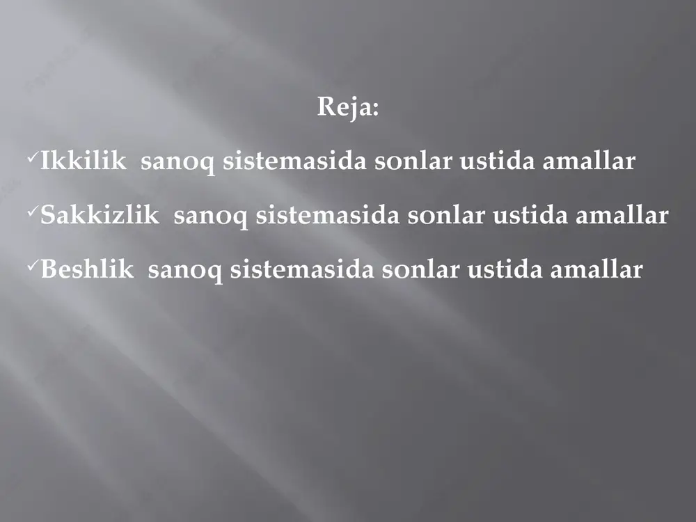 stemasida qo`shish jadvali quyidagicha: m\n 0 1 2 3 4 5 6 7 0 0 1 2 3 4 5 6 7 1 1 2 3 4 5 6 7 10 2 2 3 4 5 6 7 10 11 3 3 4 5 6 7 10 11 12 4 4 5 6 7 10 11 12 13 5 5 6 7 10 11 12 13 14 6 6 7 10 11 12 13 14 15 7 7 10 11 12 13 14 15 16 yuqoridagi jadvallarga mos sonlarni qo`shishga misollar keltiramiz. 11011102 2305478 + 1101012 + 3267158 101000112 5574648 o`nli va boshqa pozitsion sanoq sistemalarida sonlarni ayirish. quyidagi misollarni qaraylik. 1-misol. 3848 sonidan 725 sonini ayirish talab qilinsin. dastlab kamayuvchi va ayriluvchida xonalar sonini tenglashtiramiz. ayriluvchini 0725 ko`rinishda yozib, sonlarni koeffitsientli o`nning darajalari ko`rinishida yozamiz. 3248= 3·103 + 8 ·102 + 4·10 + 8 0725= 0·103 + 7·102 + …
