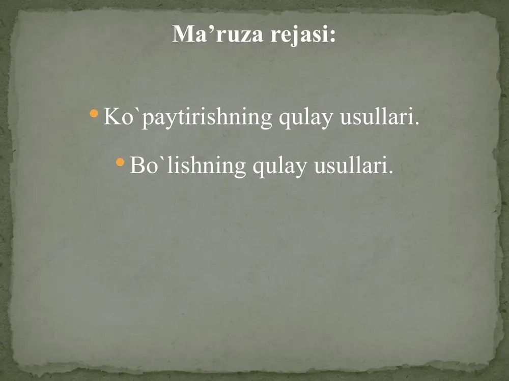 uning raqamlarining orasiga raqamlarning yig’indisini qo’yish kifoya. agar hosil bo’gan yig’indi ikki xonali bo’lsa,birliklarni berilgan sonning raqamlari orasiga qo’yiladi, o’nliklari esa birinchi raqamga qo’shiladi. 3 - usul. 9 ta o’nlikdan iborat ikki xonali sonni ko’paytirish. 9 ta o’nlikdan iborat ikki xonali sonni ko’paytirish uchun, ikkinchi sonning 100gacha bo’lgan to’ldiruvchisini topib, birinchi sondan ayirib va natijaga berilgan sonlarning 100 gacha bo’lgan to’ldiruvchilarini yozib qo’yish kifoya. 4-usul. yigirmadan kichik sonlarni ko’paytirish. yigirmadan kichik ikki sonni ko’paytirish uchun, birinchi songa ikkinchi sonning birliklarini qo’shib, natija oxiriga nolni yozib qo’yib va birliklar ko’paytmasini qo`shish kifoya. 5-usul. bo’lish usullari. bo’lish uchun ratsional xisoblash usullari ko’paytirish qoidalari va quyidagi keyingi (bo’linmaning o’zgarishlari) xossalarda asoslanadi: 5.1 - xossa. agar bo’liniluvchini bir necha marta oshirsak yoki kamaytirsak, bo’linma ham mos ravishda oshadi yoki kamayadi, ya'ni:,,b) [(=d)[(():=d:b)(():=d:b)]. 5.2 - xossa. agar bo’luvchini bir necha marta oshirsak (kamaytirsak), bo’linma ham mos ravishda oshadi (kamayadi). 6 - usul. xona birliklari bo’yicha …