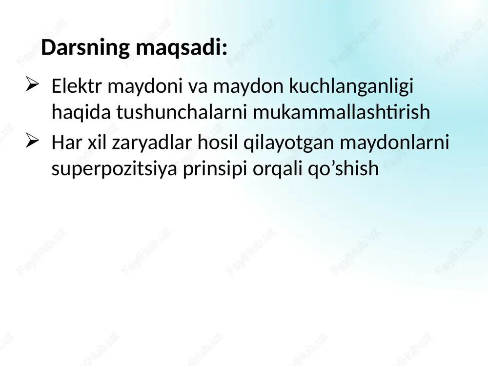 rishadi? 310-5 n kuch bilan tortishadi. 10-3 n kuch bilan tortishadi. 310-5 n kuch bilan itarishadi. 10-3 n kuch bilan itarishadi. 7. ikki nuqtaviy zaryad orasidagi masofa 2 marta oshirilsa kulon kuchlari qanday o’zgaradi? 2 marta ortadi 2 marta kamayadi 4 marta ortadi 4 marta kamayadi 8. ikkita zaryadlangan nuqtaviy jism orasidagi o’zaro ta’sir kuchi f ga teng. agar har bir jismdagi zaryad 3 marta kamaytirilsa, ular orasidagi o’zaro ta’sir kuchi nimaga teng bo’ladi? 3 marta ortadi 3 marta kamayadi 9 marta ortadi 9 marta kamayadi 9. jadvalda zaryadlangan jismlar orasidagi masofa har xil bo’lgandagi ta’sir kuchlari ko’rsatilgan. kuch va masofa haqida qanday xulosa chiqarish mumkin? r (sm) 1 2 4 10 f (n) 10-8 2.3.10-9 0.6.10-9 10-10 kuch juda kichik, uni hisobga olmaslik mumkin masofa o’zgarishi bilan birga kuch kamayib boradi bog’liqlik yo’q r 10 sm dan oshsa kuch 0 ga intiladi 1.↓ 2. ↑ 3. ← 4. → …