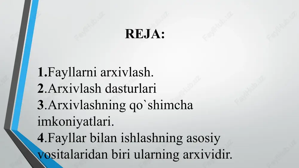 in. masalan, dastur fayllariga nisbatan tekst va rasm fayllari ancha yaxshi ixchamlanadi. hozirgi kunda har xil arxivatorlar bir-biridan siqish darajasi, tezligi, foydalanishda qulayliklari, imkoniyat darajasi bo’yicha farq qiladi. foydalanuvchi har xil turdagi arxiv fayllarini kengaytmasi bo’yicha farqlaydi. siqish turi shu arxivning formati deyiladi. arxivlangan fayl arxivda qaysi fayllar borligini bildiruvchi sarlavhaga ega bo’ladi. arxiv sarlavhasida unda saqlanuvchi har bir fayl uchun quyidagi ma’lumotlar saqlanad arxiv hosil qilish jarayoni arxivlash (arxivatsiya) deyiladi. siqilgan faylni eski holiga qaytarish arxivlarni ochish (razarxivatsiya) deyiladi. arxivlashni fayllar guruhi, to’liq fayllar strukturasi bo’yicha yoki papkalar bo’yicha ham qilish mumkin. arxivlanuvchi fayllarda papkalar ko’p bo’lsa, ularni oldin bitta papkaga yig’ib olish ishni osonlashtiradi. elektron pochta va internet muhitida arxivlangan holdagi ma’lumotlarni almashish bir qator qulayliklar yaratadi. arxivlash jarayonida ayrim fayllar juda yaxshi ixchamlanishi, bahzi hollarda arxivlash natijasida boshlang’ich fayl 10-20 baravar siqilishi ham mumkin. masalan, dastur fayllariga nisbatan tekst va rasm fayllari ancha yaxshi ixchamlanadi. hozirgi kunda …