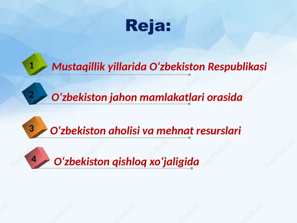var tarkibida mustaqillik yillarida juda katta o‘zgarishlar ro‘y berdi. mustaqillikka erishgan payti respublikamiz eksportida paxta tolasining ulushi 60 foizga teng bo‘lgan. hozirgi kunga kelib bu hududlarda ichki va tashqi sarmoyadorlar ishtirokida yuzlab yangi ishlab chiqarish loyihalari amalga oshirilmoqda. o‘zbekiston ijtimoiy-iqtisodiy rivojlanishi istiqbollari respublikaning har bir tuman va viloyat imkoniyatlaridan umumdavlat va hududiy manfaatlarda oqilona foydalana olishga bog‘liq. image2.jpg image3.jpeg image4.jpeg image5.jpeg image6.jpeg image7.jpeg image8.jpeg image9.jpeg image10.jpeg image11.jpeg image12.jpeg image13.png image14.jpeg image15.jpeg image16.jpeg image17.jpeg image18.jpeg image19.jpeg image20.jpeg image21.jpeg image1.jpg /docprops/thumbnail.jpeg