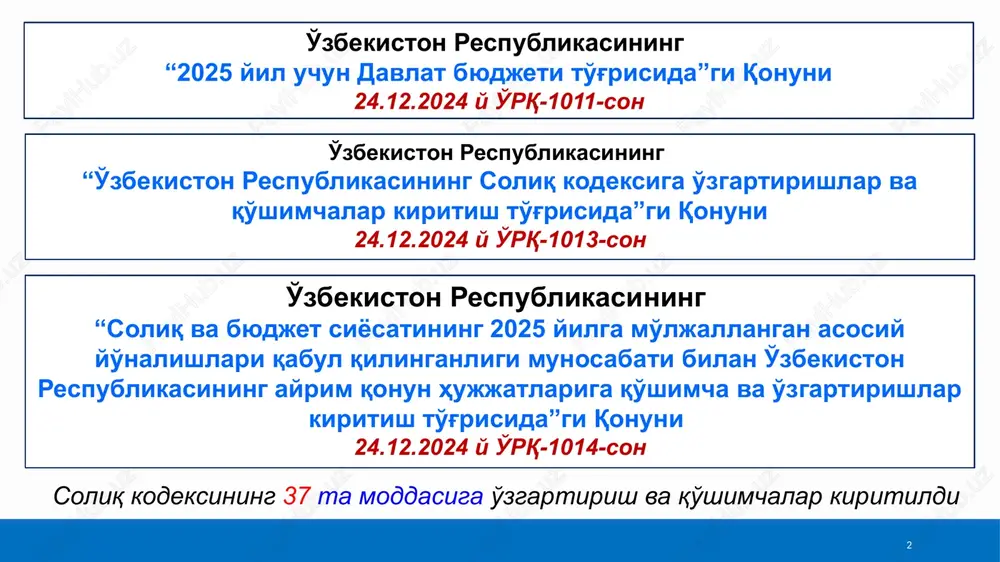 dagi it-park rezidentlari barcha soliqlarni to'lashdan ozod (qqsdan tashqari) etiladi: it-yo'nalishi bo'yicha eksport hajmi 50 foizdan ortiq bo'lgan yuridik shaxslar 18 yoshdan oshgan bitiruvchilarning 50 foizdan ortiq qismi it-park rezidentlari bo'lgan eksportchi korxonalarga ishga joylashgan it-ta'lim xizmatini ko'rsatuvchi yuridik shaxslar. 2040 yil 1 yanvargacha 2. eksport hajmi 50% dan ortiq bo'lgan it-park rezidentlarining ta'sischilariga dividend solig'i 5% (amalda 10 foiz) etib belgilandi. 3. eksport hajmi yiliga $10 mln oshgan it-park rezidentlariga xizmat ko'rsatgan norezidentlar foyda solig'idan ozod etiladi. 2030 yil 1 yanvargacha 7 2030 yil 1 yanvarga qadar text a ishga jalb qilingan chet el o'qituvchilari va mutaxassislari daromad solig'idan hamda ularning ish haqi bo'yicha ijtimoiy soliqdan; zamonaviy o'quv va laboratoriya uskunalari, kompyuter texnikasi, dasturiy mahsulotlar, adabiyotlar va moddiy-texnika resurslari importi qqsdan ozod qilinadi. barcha soliqlardan (ijtimoiy soliq mustasno); xususiy bog'cha va maktablar yashil energiya manbalarini o'rnatishni rag'batlantirish soliq to'lovchi qurilma quvvati soliq imtiyozi muddati yuridik shaxs 100 kvtgacha foyda …
