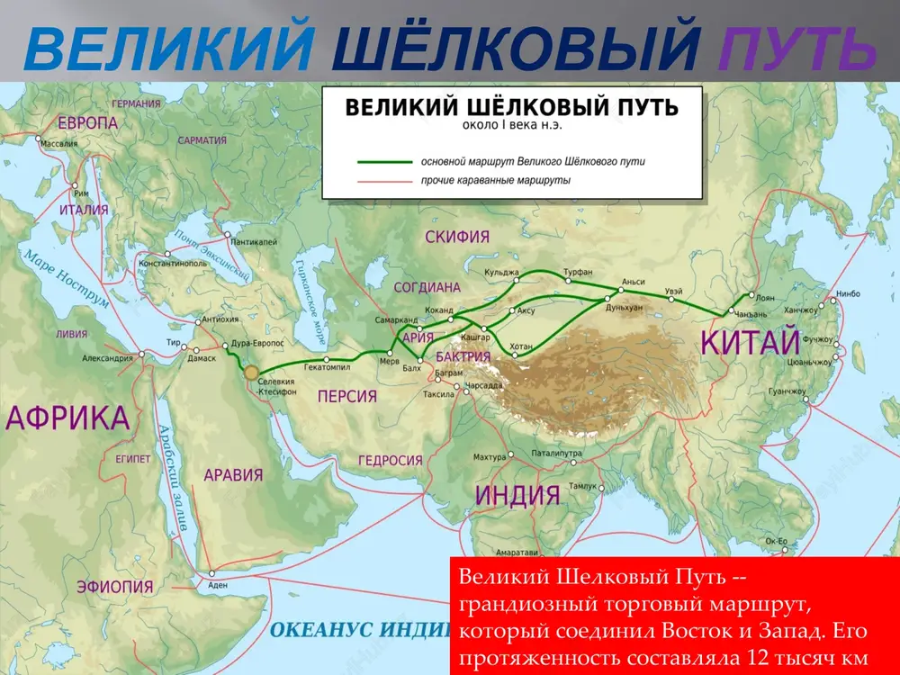hyolk bil xotya i glavnim, no daleko ne edinstvennim tovarom, kotoriy perevozilsya po transkontinentalnomu puti. iz tsentralnoy azii vivozilis koni, vesma tsenimie v kitae, voennoe snaryajenie, zoloto i serebro, poludragotsennie kamni i izdeliya iz stekla, koja i sherst, kovri i xlopchatobumajnie tkani, ekzoticheskie frukti — arbuzi i persiki, kurdyuchnie ovtsi i oxotnichi sobaki, leopardi i lvi. iz kitaya karavani vezli farfor i metallicheskuyu posudu, lakirovannie izdeliya i kosmetiku, chay i ris. v dorojnix meshkax kuptsov mojno bilo nayti slonovie bivni, nosoroji roga, cherepaxovie pantsiri, pryanosti i mnogoe drugoe. sovremenniy shyolkoviy put nasha lyubimaya chast interesnie fakti neskolko raz velikiy shyolkoviy put bil pod prismotrom gosudarstv: mongolskaya imperiya, imperiya timura vajnim dostijeniem velikogo shelkovogo puti stalo to, chto blagodarya razrabotannim marshrutam poyavilos mnojestvo gorodov v azii, bili postroeni dorogi, gostinitsi, skladi i mnogoe drugoe. primechatelno, chto sami torgovtsi nikogda ne nazivali svoy marshrut velikim shelkovim putem. nazivalsya on po-raznomu: «nefritoviy put», …