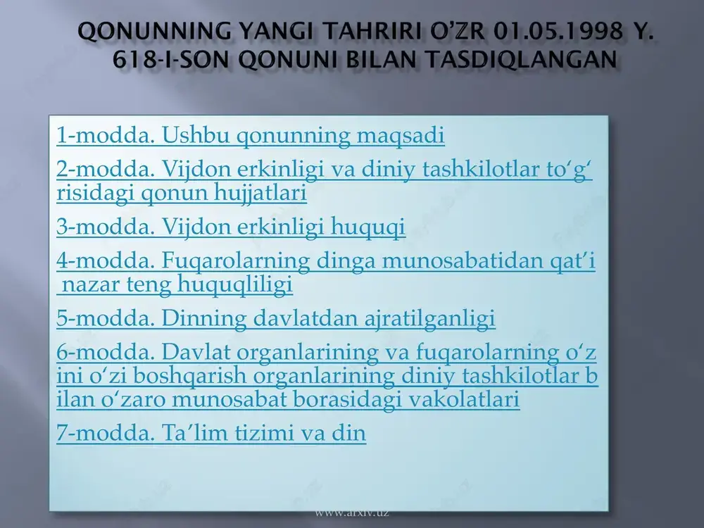 qatnashmaslikka, diniy ta’lim olishga o‘z munosabatini belgilayotgan paytda uni u yoki bu tarzda majbur etishga yo‘l qo‘yilmaydi. voyaga yetmagan bolalarni diniy tashkilotlarga jalb etish, shuningdek ularning ixtiyoriga, ota-onalari yoki ularning o‘rnini bosuvchi shaxslar ixtiyoriga zid tarzda dinga o‘qitishga yo‘l qo‘yilmaydi. dinga e’tiqod qilish yoki o‘zga e’tiqodlar erkinligi milliy xavfsizlikni va jamoat tartibini, boshqa fuqarolarning hayoti, salomatligi, axloqi, huquqi va erkinliklarini ta’minlash uchun zarur bo‘lgan darajadagina cheklanishi mumkin. chet el fuqarolari va fuqaroligi bo‘lmagan shaxslar o’zbekiston respublikasi fuqarolari bilan teng ravishda vijdon erkinligi va diniy e’tiqod erkinligi huquqidan foydalanadilar hamda vijdon erkinligi va diniy tashkilotlar to‘g‘risidagi qonun hujjatlarini buzganlik uchun qonunda belgilangan tarzda javobgar bo‘ladilar. www.arxiv.uz www.arxiv.uz o’zbekiston respublikasi fuqarolari dinga munosabatidan qat’i nazar qonun oldida tengdirlar. rasmiy hujjatlarda fuqaroning dinga munosabati ko‘rsatilishiga yo‘l qo‘yilmaydi. fuqarolarning dinga munosabatiga qarab ularning huquqlarini har qanday cheklash va ularga bevosita yoki bilvosita imtiyozlar belgilash, dushmanlik va adovat uyg‘otish yoxud ularning diniy yoki dahriylik e’tiqodi …