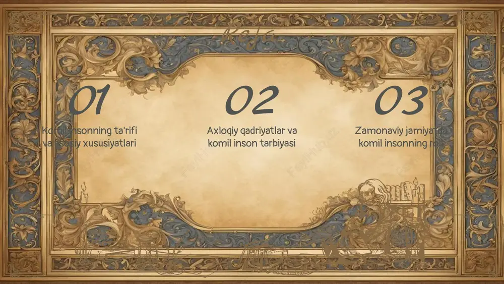 qarorligini ta'minlashda yordam beradi. axloqiy qadriyatlar, komil insonning asosiy xususiyatlaridan biridir. ular insonni yaxshi va yomonni ajratishda yordam beradi. komil insonlar o'zgarishlarga ijobiy ta'sir ko'rsatishi mumkin. ular jamiyatda yangi g'oyalar va imkoniyatlarni yaratadi. photo by roman kraft on unsplash komil inson tarbiyasi maktab va oila, inson tarbiyasida muhim rol o'ynaydi. oila, bolalarning birinchi tarbiyasi manbai hisoblanadi, maktab esa ilm va ko'nikmalarni berish orqali ularni rivojlantiradi. oila va maktab o'rtasidagi hamkorlik tarbiyaning samarali bo'lishini ta'minlaydi. tarbiya jarayoni, insonning shaxs sifatida shakllanishi va rivojlanishi jarayonidir. bu jarayon, yoshdan boshlab davom etadi va o'z ichiga bilim olish, axloqiy qadriyatlarni o'zlashtirish, va ijtimoiy ko'nikmalarni rivojlantirishni oladi. 01 02 03 axloqiy qadriyatlar va komil inson axloqiy qadriyatlar axloqiy qadriyatlar insoniyatning asosiy tamoyillaridan biridir. ular shaxsning axloqiy xulq-atvorini belgilaydi va jamiyatda barqarorlikni ta'minlaydi. komil insonning axloqiy qadriyatlari komil insonning axloqiy qadriyatlari ichida adolat, halollik, va haqiqiylik muhim o'rin egallaydi. bu qadriyatlar shaxsni ijtimoiy hayotda muvaffaqiyatli bo'lishiga …