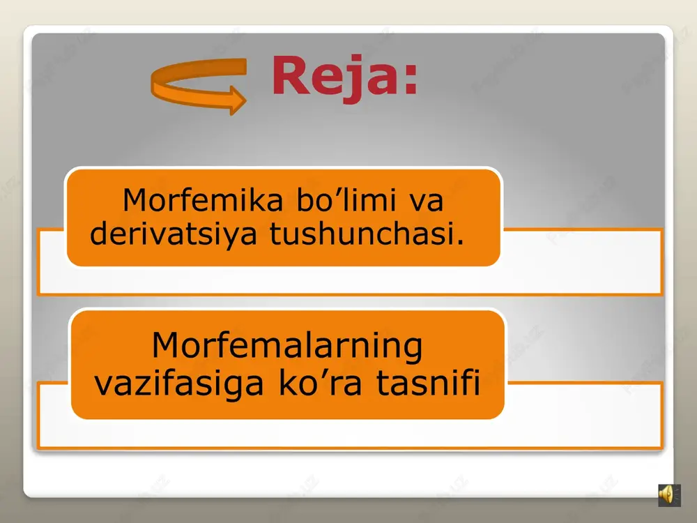 ash’).masalan,xona-leksema; -xonaaffiksoid. –affiksvaaffiksoiddankeskinfarqqiladi:o’zitaalluqlileksemagazichqo’shilmaydi,balkiayrimligisaqlanadi,leksemagao’xshashlikbelgisishuxususiyatidanamoyonbo’ladi.lekingrammatikma’noifodalashigako’raaffiksgatenglashadi. u.tursunov.,j.muxtorov.,sh.rahmatullayev morflarikkiturgabo’linadi: o’zak morflar affiksalmorflar suffiksalmorflar prefiksalmorflar o’zak morfemalar har bir so’zshaklda muqarrar ishtirok etib, leksik ma’nosini ifodalovchi qism hisoblanadi.so’zshakl bir morfdan iborat bo’lsa,u o’zak morf hisoblanadi. affiksal morflar (lotincha affixus –”bog’langan”,”biriktirilgan”)o’zak morfning mazmuniga har xil qo’shimcha ma’nolar berdi.affiksal morf mustaqil ravishda emas faqat so’zshakl tarkibidagina ma’lum ma’no anglatadi. u.tursunov.,j.muxtorov.,sh.rahmatullayev “hozirgi o’zbek adabiy tili” affikslar so’zyasovchiaffikslar shaklyasovchiaffikslar kategorialshaklyasovchiaffikslar nokategorialshaklyasovchiaffikslar sh.rahmatullayev “hozirgi adabiy o’zbek tili” toshkent “universitet” 2006 morfemalarning vazifasiga ko’ra tasnifi: leksemayasovchimorfema mavjudleksemagaqo’shilibyangileksemayasash,shuyo’lbilantilningleksikqatlamigayangibirlikqo’shishyo’libilanhosilqilinganleksemagaaytiladi. shaklhosilqiluvchi mavjudleksemagaqo’shilib,uningturligrammatikshakllarinihosilqilish.2turgabo’linadi:1)shaklyasovchilar; 2)shaklo’zgartuvchilar. xulosa: xulosa qilib shuni aytish mumkinki,bugungi kunda o’zbekistonda ta’lim tizimida keng amaliyotda bo’lgan tilshunoslikda derivatsiya –so’z yasash muammosi hali o’rganilmagan soha.buning asosiy sababi esa derivatsiya va relyatsiyaning o’zaro munosabatlari muammosi yechimining asosiy tamoyillarining shakllantirilmaganligi va amaliyotga tadqiq etilmaganligi,tarixiy tilshunoslikda juda chuqur o’rganilgan derivatsiya muammosining struktural tilshunoslikda,lison- nutq dixotomiyasi izchillik bilan amaliy tahlil jarayonida tadbiq etilganlik nuqtai nazaridan o’rganilmaganligidadir. foydalanilgan adabiyotlar