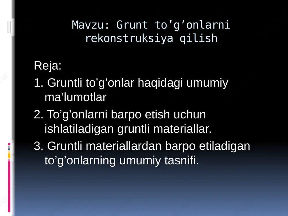 qanday balandlikdagi to’g’onni barpo etish mumkinligi. 2.gruntli materiallardan barpo etiladigan to’g’onlarning umumiy tasnifi. • gruntli materiallardan barpo etiladigan to’g’onlar inshoot tanasi barpo etiladigan materialga, balandligiga, qurish usuliga va inshoot sinfiga ko’ra tasnifga bo’linadi. • materiallar bo’yicha uchta asosiy to’g’on turiga bo’linadi: gruntli-asosan qumli va gilli gruntlardan; tosh-gruntli, ko’ndalang kesimning bir qismi yirik bo’lakli, boshqa bir qismi – mayda qumlardan yoki gilli gruntlardan bajariladi; tosh - to’kma - filtratsiyaga qarshi qurilmalar gruntli materialdan bo’lmagan yirik bo’lakli gruntdan barpo etiladi. • balandligi bo’yicha gruntli to’g’onlar to’g’on oldida suv sathi 15 m gacha bo’lsa past bosimli, 15...50 m ga o’rta bosimli 50 m dan ortiq yuqori bosimli; tosh - gruntli va tosh - to’kma to’g’onlarda esa - 20 m gacha bo’lsa past bosimli, 20...70 m gacha o’rta bosimli, 50...150 m gacha yuqori bosimli turlarga bo’linadi. • qurish usuli bo’yicha gruntli to’g’onlar asosiy uchta guruhga bo’linadi: 1) ko’tarma (grunt quruq holda to’kilib mexanizmlar bilan …