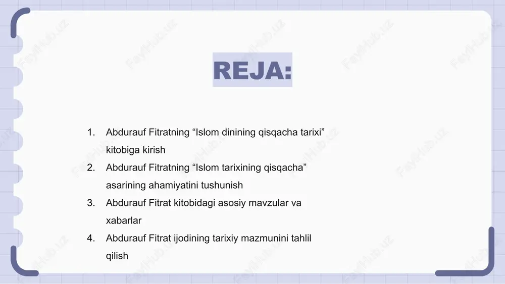 rish orqali islom mafkurasi haqida qimmatli fikrlarni berishi mumkin. abdurauf fitrat ijodining tarixiy mazmunini tahlil qilish abdurauf fitratning “islom tarixining qisqacha” asari uning ijodining tarixiy mazmuni haqida tushuncha beradi. tarixiy zaminni tahlil qilish orqali fitrat kitobining ahamiyati va ta’sirini yaxshiroq tushunish mumkin. uning asari tarixiy voqealar va ularning islom tarixiga aloqadorligini har tomonlama tushunish imkonini beradi. abdurauf fitrat kitobining islom ilmiga ta’siri abdurauf fitratning “islom dinining qisqacha tarixi” kitobi bo‘yicha taqdimot tayyorlashda muallifning tarixi va kitob qaysi sharoitda yozilganiga chuqurroq kirib borish zarur. abdurauf fitratning islom stipendiyasi haqidagi kitobining ta'siri unumsiz bo'lishi mumkin emas, chunki bu islom tarixi va evolyutsiyasiga noyob nuqtai nazarni ta'minlaydi. taqdimotchilar kitobda keltirilgan mavzu va g‘oyalarni o‘rganib, fitrat ijodining islomshunoslik sohasidagi ahamiyati haqida yangi fikrlar bildirishlari va bahs-munozaralarga sabab bo‘lishi mumkin. islom dinining qisqacha tarixining zamonaviy davrdagi ahamiyatini o‘rganish abdurauf fitratning “islom tarixining qisqacha” kitobi taqdimoti uchun uning hozirgi zamondagi ahamiyatini alohida ta’kidlash zarur. fitratning islom …