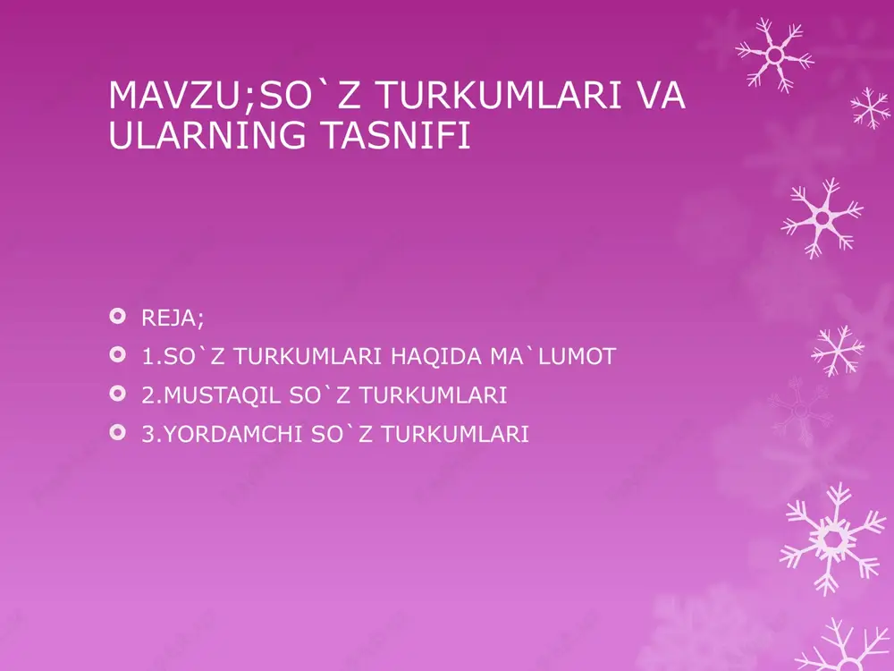 ug‘aviy ma’no ifoda eta olmasligi bilan yordamchi so‘zlarga o‘xshashdir. shuning uchun ham undov, taqlid, modal so‘zlarning har biri o‘ziga xos xususiyatlari bilan alohida - alohida turkumni tashkil etadi. ko‘rinadiki, so‘zlarni turkumlarga ajratishda, birinchidan, lug‘aviy ma’no, ikkinchidan, morfologik shakl, uchinchidan, biror sintaktik vazifa bajarish xususiyati, to‘rtinchidan, qo‘llanish qurshovi (distributsiyasi) e’tiboridan kelib chiqiladi. foydalanilgan adabiyotlar; sh. shoabduraќmonov, m.asљarova, a.ќojiev, i.rasulov, , x.doniyorov ќozirgi њzbek adabiy tili. 1-љism .t., «њљituvchi» 1980. u. tursunov, j. muxtorov, sh. raќmatullaev ќozirgi њzbek adabiy tili. t., «њљituvchi» 1992. њzbek tili grammatikasi. 1-tom. t., «fan» 1975. n.mahmudov, a.nurmonov,a.sobirov, d.nabiyeva, a.mirzaahme-dov ona tili. umumta’lim maktablarining 7-sinfi uchun darslik. t., «ma’naviyat» 2005 etiboringiz uchun rahmat image1.png /docprops/thumbnail.jpeg