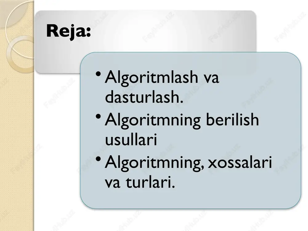 deb shartlarga muvofiq bajariladigan ko’rsatmalardan tuzulgan algoritmga aytiladi. takrorlanuvchi algoritm- deb biron bir shart tekshirilishiyoki biron parametrning har xil qiymatlari asosida algoritmda takrorlanish yuz beradigan jarayonlarga aytiladi e’tiboringiz uchun raxmat image2.png /docprops/thumbnail.jpeg