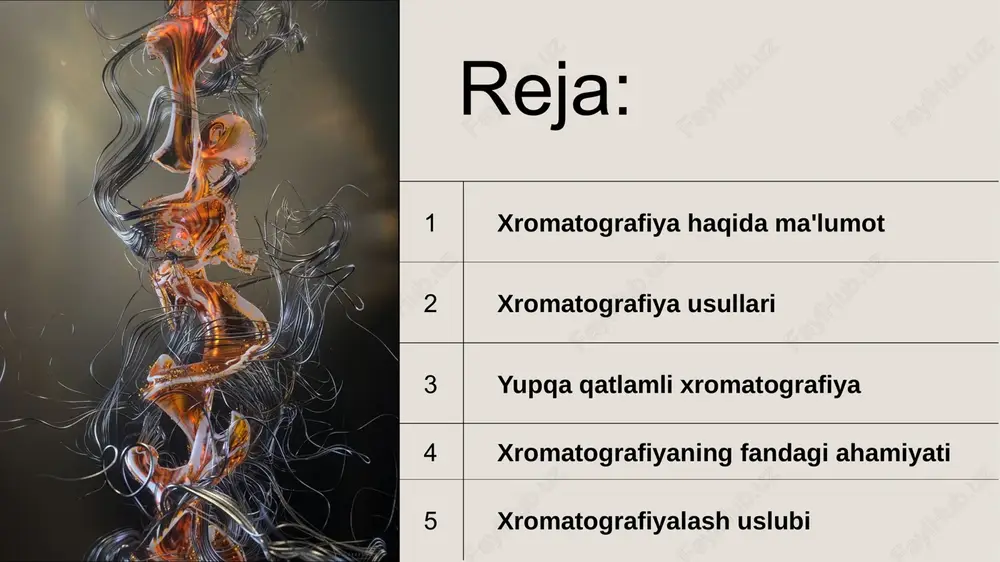 iluvchi komponentlarning qattiq qoʻzgʻalmas faza ustida turlicha choʻkmaga choʻkishiga asoslangan. 5 xromatografiyaning fandagi ahamiyati 4 xromatografiyaning fandagi ahamiyati 20gg xromatografiya usulining kashf etilishi tufayli organik kimyo, ayniqsa, tabiiy birikmalar kimyosi jadal rivojlandi. xromatografiya koʻp komponentli sistemalarni sifat va miqdoriy analiz qilish, sof holda ajratib olishsa (jumladan, sanoat miqyosida) katta axamiyat kasb etadi. x. yordamida nodir metallar analiz qilinadi. sunʼiy tayyorlangan transuran elementlarining ochilishida ham xromatografiya muhim rol oʻynadi. xromatografiya yordamida 99element — eynshteyniy (es), 100element — fermiy (fm) va 101element — mendeleyeviy (md) ajratildi. xromatografiya havo, suv, tuproq, monomerlar tarkibidagi aralashmalarni aniklashda, organik va neft kimyosi sintezi mahsulotlari analizida, doridarmonlar tozaligini aniklashda, kriminalistikada katta axamiyatga ega. kosmik kemalar gazi, mars atmosferasi gazi, oy tuprogʻidagi moddalarni analiz qilishda ham xromotografiya usullari joriy etilgan. 6 xromatografiyaning fandagi ahamiyati 5 xromatografiyaning fandagi ahamiyati 20gg xromatografiya yuqori molekulali birikmalar, ayniqsa, inson, hayvon, oʻsimlik, mikroblar dunyosiga tegishli biologik obʼyektlarning analizi uchun nihoyatda zarur. xromatografiya usullari …