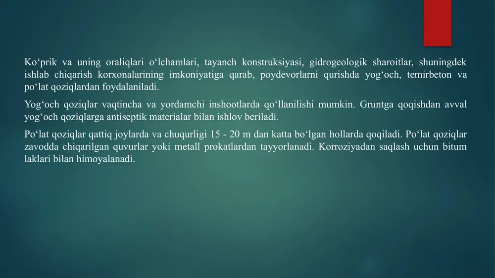 va belgilangan yo‘nalishda (vertikal yeki qiya) cho‘ktirilishni ta’minlaydi; qoziqlarni qoqish davrida belgilangan yo‘nalishni ta’minlovchi, yog‘och yeki metall karkaslar yordamida (rasm5, v) qoziqlarning loyiha yunalishini ta’minlovchi, qoqib bo‘lgandan so‘ng qoziqli poydevorning rostverki vazifasini bajaruvchi temirbeton konduktorlarda (rasm 5, g) qoziqlarni qoqish uchun ushbu mashina va mexanizmlardan foydalaniladi: uzunligi 10 - 12 m gacha bo‘lgan yog‘och, temirbeton va shpunt qoziqlarni qoqish uchun, odatda, zarb qismi massasi 600 dan 1250 kg gacha bo‘lgan yengil va o‘rta dizel - molotlardan foydalaniladi; bug‘ - havo molotlarni va kuchli dizel - molotlar bilan jihozlangan otsir universal koper agregatlar yordamida, ular uzunligi 25 m gacha bo‘lgan temirbeton qoziqlarni va metall qoziqlarni cho‘ktirish uchun foydalaniladi; o‘zi yurar kranlar, statsionar va suzuvchi derrik kranlar, yo‘naltiruvchi strelalar va turli dizel - kranlar. qoziqlarni karkaslar va yo‘naltiruvchi konduktorlarga o‘rnatish, dizel - molotlar va vibrocho‘ktirgichlarni o‘rnatish uchun o‘zi yurar va suzuvchi strelali kranlar mos keladi. mahalliy sharoitlarni hisobga olgan holda koper va …