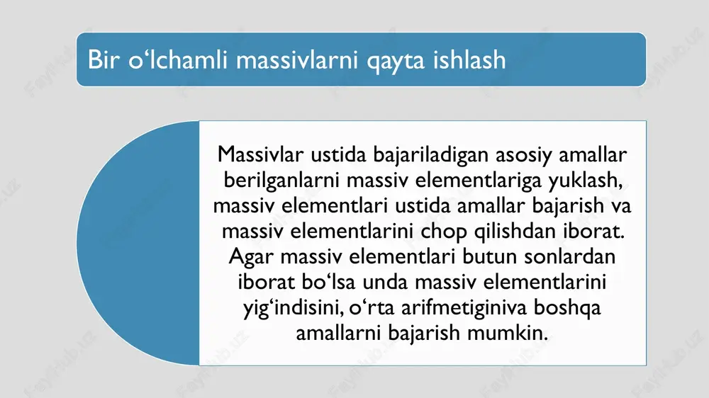 entlarini chiqaruvchi dastur tuzing. ikki o’lchovli massiv elementlarini o’sib boruvchi tartibda chiqarilsin. l elementi bo’lgan bir indeksli massivdan, n*m o’lchamlik matritsa hosil qilinsin.yetishmay qolgan elementlari nollar bilan to’ldirilsin.agar elementlar ortib qolsa dastlabki ntasi olinsin. sizga n*m o’lchamli matritsa berilgan.ushbu matritsanim k-ustuni olib tashlansin. /docprops/thumbnail.jpeg