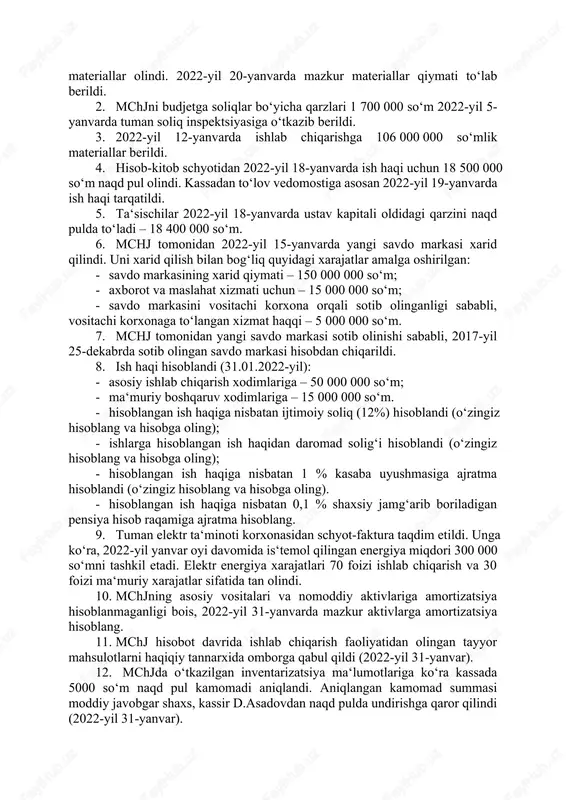 an foyda – 50 350 000 soʻm, materiallar – 34 200 000 soʻm, budjetga soliqlar boʻyicha qarzlar – 1 700 000 soʻm, mol yetkazib beruvchilar va pudratchilardan qarzdorlik – 48 800 000 soʻm, taʻsischilarning qarzlari – 18 400 000 soʻm, xaridor va buyurtmachilarning qarzi – 14 855 000 soʻm, kassadagi pul mablagʻlari – 5 000 soʻm, mehnat haqi boʻyicha qarz – 18 500 000 soʻm, hisob-kitob schyoti – 280 150 000 soʻm. “arzanda” mchjda 2022-yil yanvar oyi davomida quyidagi xoʻjalik operatsiyalari sodir boʻlgan (shartli): 1. 2022-yil 2-yanvarda mol yetkazib beruvchilardan 72 000 000 soʻmlik materiallar olindi. 2022-yil 20-yanvarda mazkur materiallar qiymati toʻlab berildi. 2. mchjni budjetga soliqlar boʻyicha qarzlari 1 700 000 soʻm 2022-yil 5-yanvarda tuman soliq inspektsiyasiga oʻtkazib berildi. 3. 2022-yil 12-yanvarda ishlab chiqarishga 106 000 000 soʻmlik materiallar berildi. 4. hisob-kitob schyotidan 2022-yil 18-yanvarda ish haqi uchun 18 500 000 soʻm naqd pul olindi. kassadan toʻlov vedomostiga asosan …