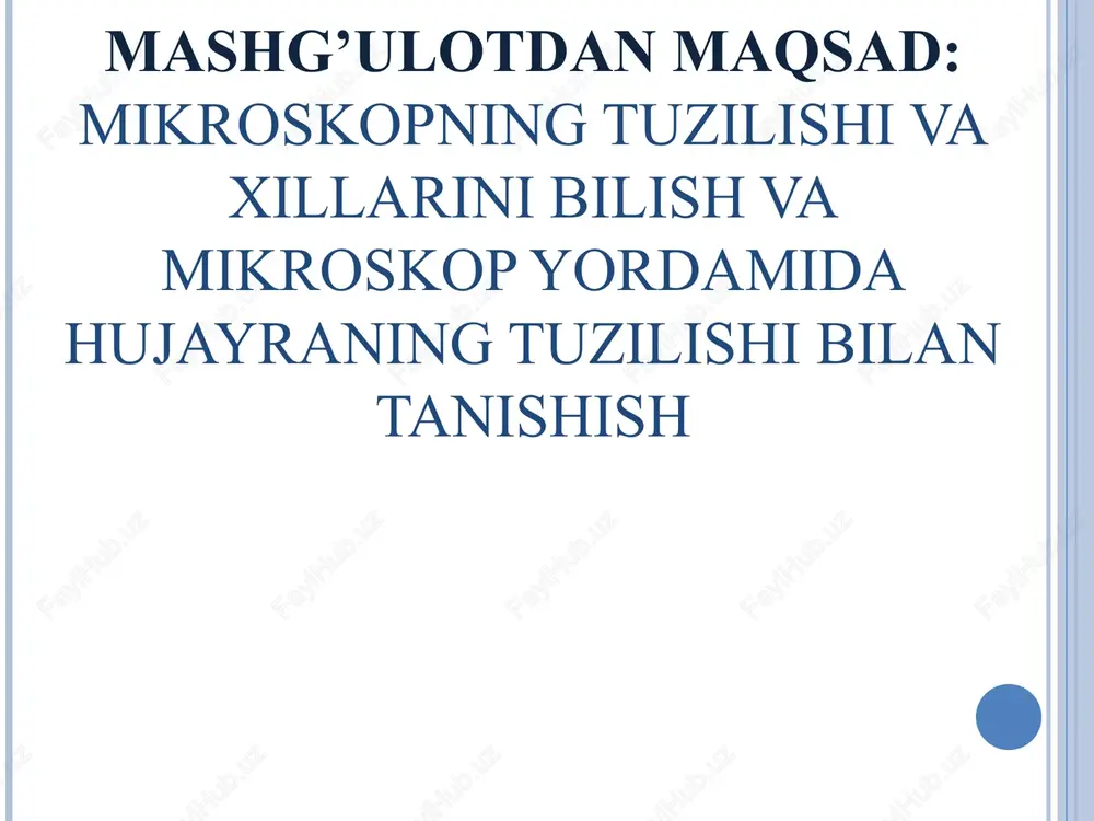 ukofoti sovrindori deb topildi mikroskop 1625-yilda steleti degan olim tomonidan yaratilgan. hozirgi kunda elektron va yorug’lik mikroskoplari bor. mayda biologik obyektlar (viruslar, mikroorganizmlar, sodda hayvonlar, ko‘p hujayralilar)ni asosiy tekshirish usullaridan biri ularni kattalashtiruvchi optik asboblar — mikroskoplarda (micros — mayda, juda kichik, copeo — ko'raman) o‘rganishdir. mikroskoplar xilmaxildir (yorug'lik, elektron, luminessent, fazo-kontrast, fluoressent, polarizatsiyalovchi va boshqalar). ulardan eng ko‘p qo‘llaniladigani yorug'lik mikroskopi bo'lib, u biologik tadqiqotlardagina emas, tibbiyotda ham amaliyot shifokorlari uchun laboratoriya tashxisi uchun eng zarur asboblardan biridir. mayda biologik obyektlar (viruslar, mikroorganizmlar, sodda hayvonlar, ko‘p hujayralilar)ni asosiy tekshirish usullaridan biri ularni kattalashtiruvchi optik asboblar — mikroskoplarda (micros — mayda, juda kichik, copeo — ko'raman) o‘rganishdir. mikroskoplar xilmaxildir (yorug'lik, elektron, luminessent, fazo-kontrast, fluoressent, polarizatsiyalovchi va boshqalar). ulardan eng ko‘p qo‘llaniladigani yorug'lik mikroskopi bo'lib, u biologik tadqiqotlardagina emas, tibbiyotda ham amaliyot shifokorlari uchun laboratoriya tashxisi uchun eng zarur asboblardan biridir. mayda biologik obyektlar (viruslar, mikroorganizmlar, sodda hayvonlar, ko‘p hujayralilar)ni asosiy …
