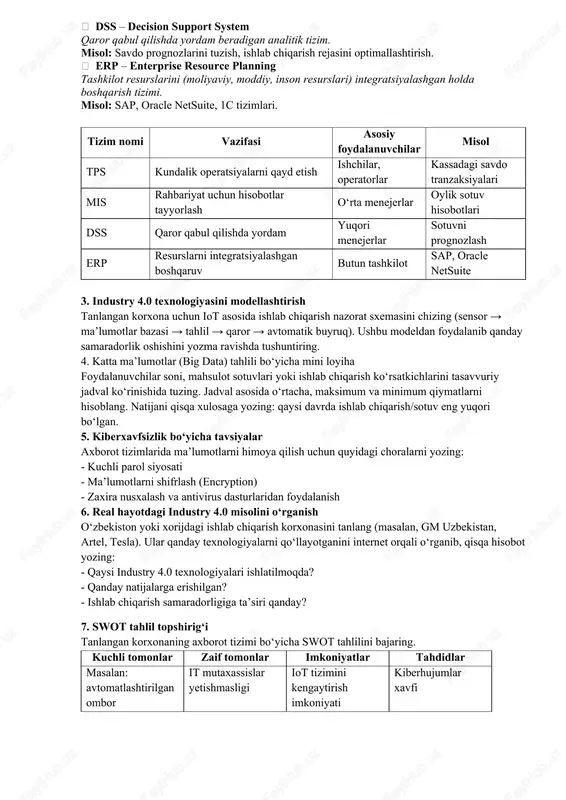 slang. har bir tizimning asosiy vazifasi, foydalanuvchisi va misolini yozing.  tps – transaction processing system kundalik tranzaksiyalarni qayd etish va qayta ishlash uchun mo‘ljallangan tizim. misol: kassadagi savdolarni, buyurtmalarni, to‘lovlarni qayd etish.  mis – management information system rahbariyatga qaror qabul qilish uchun zarur bo‘lgan axborotni tayyorlab beruvchi tizim. misol: oylik sotuv, daromad va xarajat hisobotlari.  dss – decision support system qaror qabul qilishda yordam beradigan analitik tizim. misol: savdo prognozlarini tuzish, ishlab chiqarish rejasini optimallashtirish.  erp – enterprise resource planning tashkilot resurslarini (moliyaviy, moddiy, inson resurslari) integratsiyalashgan holda boshqarish tizimi. misol: sap, oracle netsuite, 1c tizimlari. tizim nomi vazifasi asosiy foydalanuvchilar misol tps kundalik operatsiyalarni qayd etish ishchilar, operatorlar kassadagi savdo tranzaksiyalari mis rahbariyat uchun hisobotlar tayyorlash o‘rta menejerlar oylik sotuv hisobotlari dss qaror qabul qilishda yordam yuqori menejerlar sotuvni prognozlash erp resurslarni integratsiyalashgan boshqaruv butun tashkilot sap, oracle netsuite 3. industry 4.0 texnologiyasini modellashtirish tanlangan …