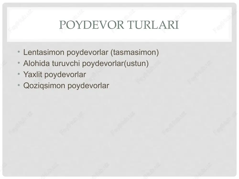 olinadi. yahlit poydevorlar to’sinli yoki to’sinsiz, betonli yoki betonsiz plitalar ko’rinishlarida loyihalanadi. to’sinli plitalarning qovurg’alari tepaga yoki pastga qaratib qurilishi mumkin. qovurg’alar kesishgan joyga ustunlar minishi ko’zda tutiladi. qoziqsimon poydevorlarning asosiy elementlari bo’lib, qoziqning o’zi, bosh qismi va rostverklarxizmat qiladi. qoziqlar temirbeton, beton, kamroq holatlarda yog’och yoki metall sterjenlar ko’rinishida bo’lib, ular gruntga urish, yoki vibtatsiya usulida o’rnatiladi. qoziqli poydevorlar qoqib kiritish, suv yordamida titratish va burash usullari yordamida o’rnatiladi. yog’ochli qoziq uzunligi 4,5-12 m chuqurlikda, ulangan yog’och 20-25 m chuqurlikda bo’ladi. asosan qayrag’och yog’och ishlatiladi. temirbeton qoziqlar 5-20 m uzunlikda joylanadi. image2.jpeg image3.jpeg image4.jpeg image5.jpeg /docprops/thumbnail.jpeg