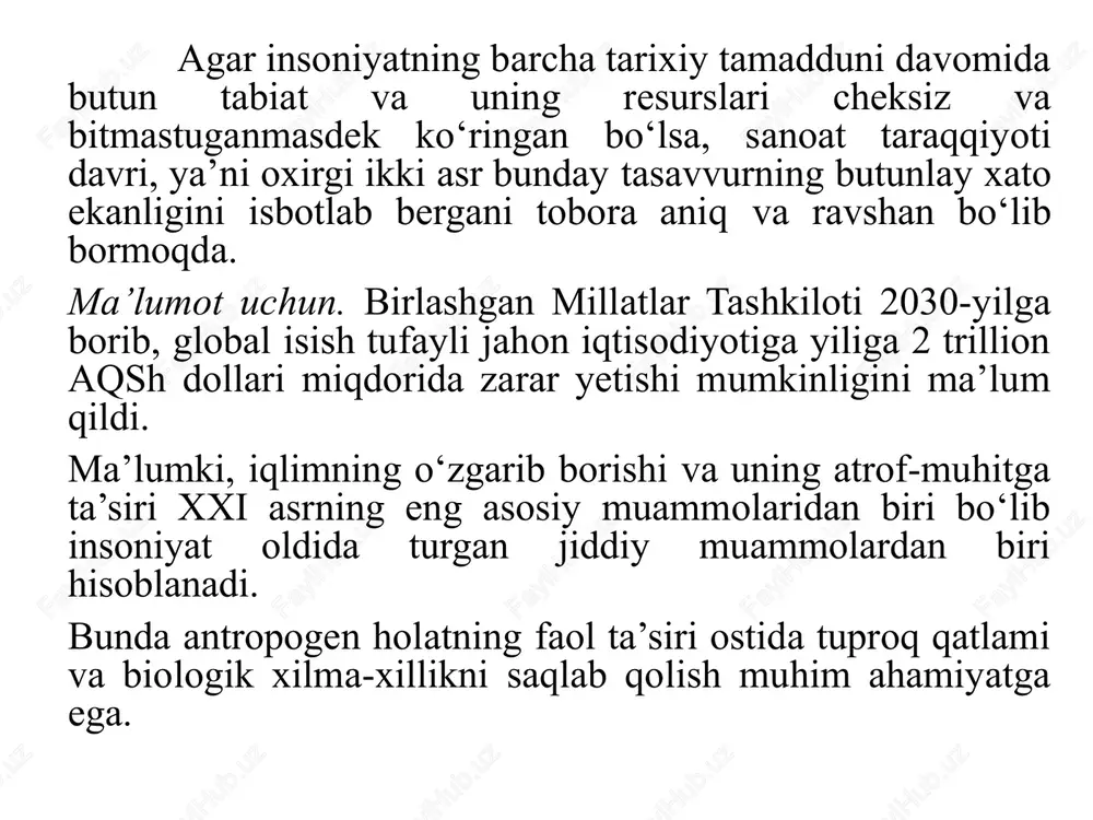 n materiyaning ikki qismi, o‘ziga xos ijtimoiy ekotizim hisoblanadi. tabiat va jamiyat munosabatlarining rivojlanishidagi bosqichlar biogen bosqich antropogen bosqich texnogen (nanogen) bosqich tabiat va jamiyat munosabatlarining rivojlanishida biogen, antropogen va texnogen (nanogen) bosqichlar ajratiladi. xx asrda insoniyatni xavf ostida qoldirayotgan hodisalardan biri ekologik vaziyat hisoblanadi. atrof-muhitni himoya qilish, ekologik me’yor, tabiiy boyliklarini kelgusi avlodlarga tejamkorlik bilan foydalanib yetkazish bugungi kunda dolzarb muammodir. o‘rmonlar, suv havzalari, tuproq, atmosfera havosi, o‘simlik va hayvon turlari kamayib borishining oldini olish uchun tabiatni o‘rganish lozim. atrof - muhit va tabiiy resurslar iqtisodiyoti faniga qiziqish insoniyatni dastlabki bosqichi boshlanishi bilan bog‘liq. atrof – muhitning asosiy qarashlari asosan ekologiya to‘g‘risidagi juda ko‘p qiziqarli fikrlar, manbalar qadimgi misrliklar, hindular, tibetliklar davridagi geraklit (mil. av. 530-470), gippokrat (mil. av. 460-370), aristotel (mil. av. 384-322) bo‘lgan davr manbalaridan ekologik omillar to‘g‘risidagi xabarlar bo‘lgan. ekologiya deganda, organizmlarning o‘zaro va muhit bilan aloqadorligini o‘rganadigan fan tushuniladi. shuningdek, inson va organizmlarning yashash muhiti …