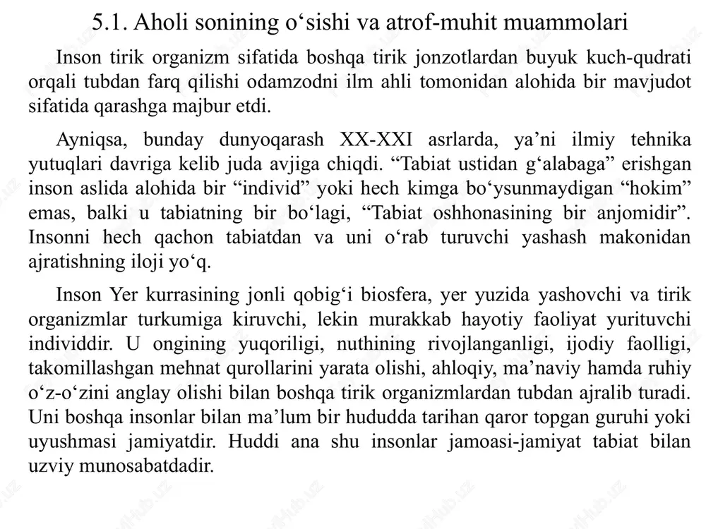 lobi aholi sonining keskin ortishi- «demografik portlash»ga olib keldi. soglasno otsenkam yunfpa, sovokupnoe naselenie planeti previsilo sleduyushuyu chislennost: 1 milliard — v 1820 godu. 2 milliarda — v 1927 godu. 3 milliarda — v 1960 godu. 4 milliarda — v 1974 godu. 5 milliardov — v iyule 1987 goda. 6 milliardov — v oktyabre 1999 goda. 7 milliardov — v oktyabre 2011 goda. 8 milliardov — v noyabre 2022 goda. 3-rasm. aholi sonining ortib borishi yer yuzi aholisi sonining keskin o‘sishi odamlar o‘rtacha umr davomiyligining ortishi, oziq mahsulotlari bilan ta’minlanishining yaxshilanishi,ayrim kasalliklarning tugatilishi, bolalar o‘liminig kamayishi va boshqalar bilan bog‘liqdir. ekologik xavfsizlik – deganda atrof tabiiy muhit holatini organizmlarning hayoti uchun ehtiyojlariga javob bera olishi, yoqi insonlar uchun sog‘lom, toza va qulay tabiiy sharoitga ega atrof-muhit tushuniladi. ekologik xavfsizlikni taminlash uchun har bir alohida davlat ma’lum ekologik siyosatni olib boradi. ekologik tahdidlar deganda atrof-muhit holati va insonlarning hayot faoliyatiga bevosita …