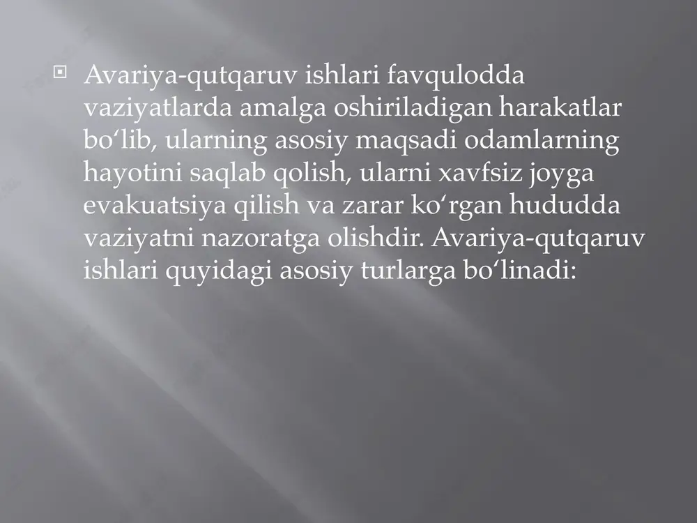 ish hamda moddiy zararlarni minimallashtirishga qaratilgan. quyida asosiy bosqichlar keltirilgan: favqulodda vaziyatlarni prognoz qilish va oldini olish hududda xavf manbalarini tahlil qilish (tabiiy, texnogen, ekologik). potensial xavflar xaritasini yaratish va ularni baholash. xavfli ob’ektlar va inshootlarda xavfsizlik choralarini kuchaytirish. monitoring tizimini tashkil etish, tabiiy hodisalar va texnogen xavflarni kuzatish. 2. kuch va vositalarni tayyorlash qutqaruv xizmatlari va maxsus guruhlar: maxsus tayyorgarlikdan o‘tgan qutqaruvchilarni shakllantirish va ularni zarur jihozlar bilan ta’minlash. material-texnika zaxiralarini tayyorlash: zararni bartaraf etish uchun asbob-uskunalar, texnika, oziq-ovqat, suv, dori-darmon va boshqa zarur vositalarni saqlash. favqulodda vaziyatda foydalaniladigan texnologiyalar: masalan, aloqa vositalari, transport vositalari, dronlar, texnogen avariyalar uchun robototexnika. evakuatsiya tizimi: fuqarolarni xavfsiz joylarga ko‘chirish uchun yo‘nalishlar va punktlarni tayyorlash. 3. tadbirlardan foydalanish rejasini ishlab chiqish hududiy rejalashtirish: har bir viloyat, shahar yoki tumanda alohida reja ishlab chiqish. favqulodda vaziyatda harakat qilish algoritmlari: qutqaruvchilar, aholi va boshqa ishtirokchilar uchun aniq vazifalar belgilash. jamoaviy resurslardan foydalanish: harbiy, politsiya, tibbiy …